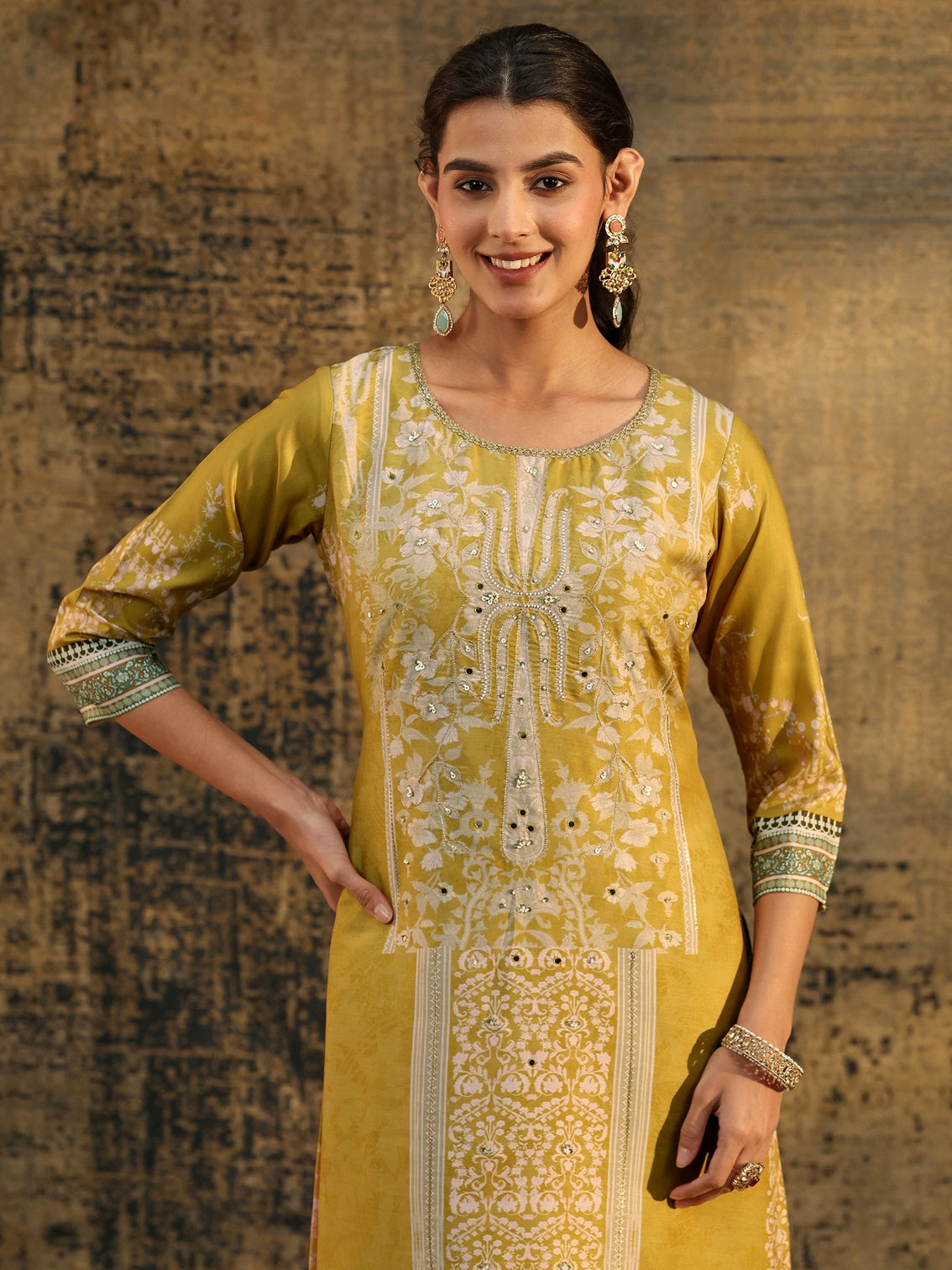 Mameraa Mustard Yellow Floral Printed Silk Blend Straight Suit Set