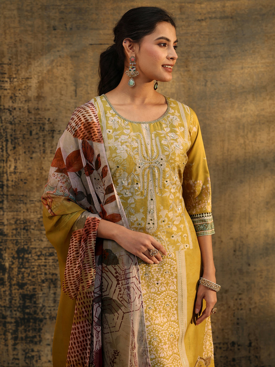 Mameraa Mustard Yellow Floral Printed Silk Blend Straight Suit Set