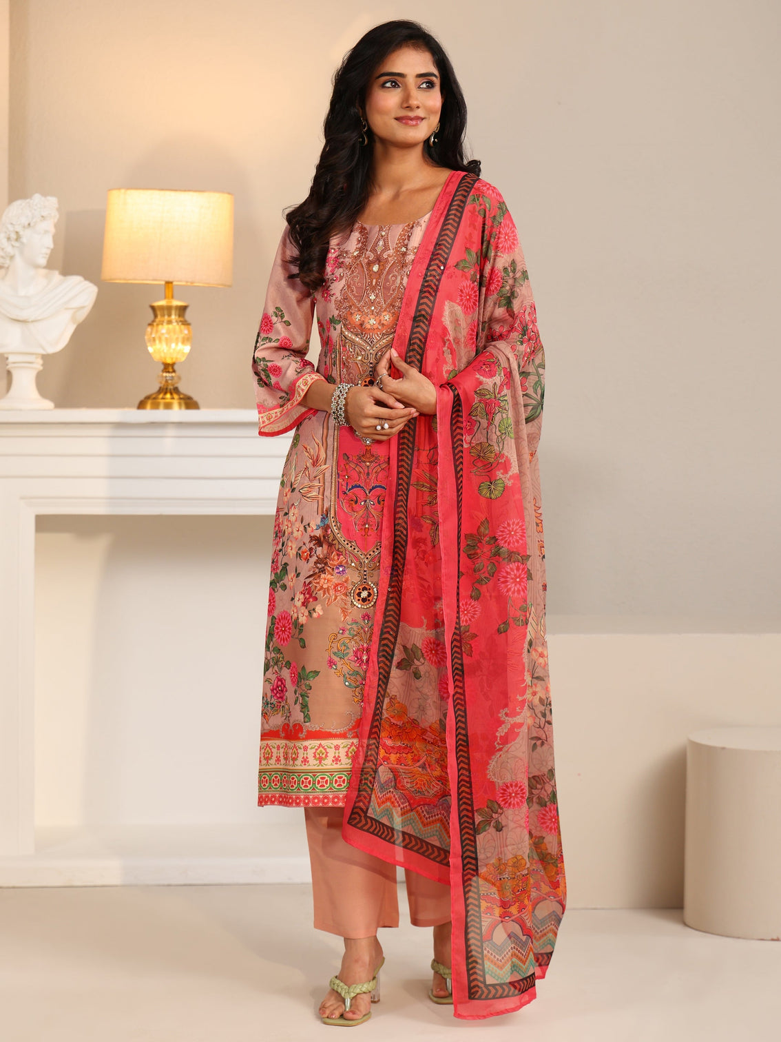 Mameraa Pink Floral Printed Silk Blend Straight Suit Set