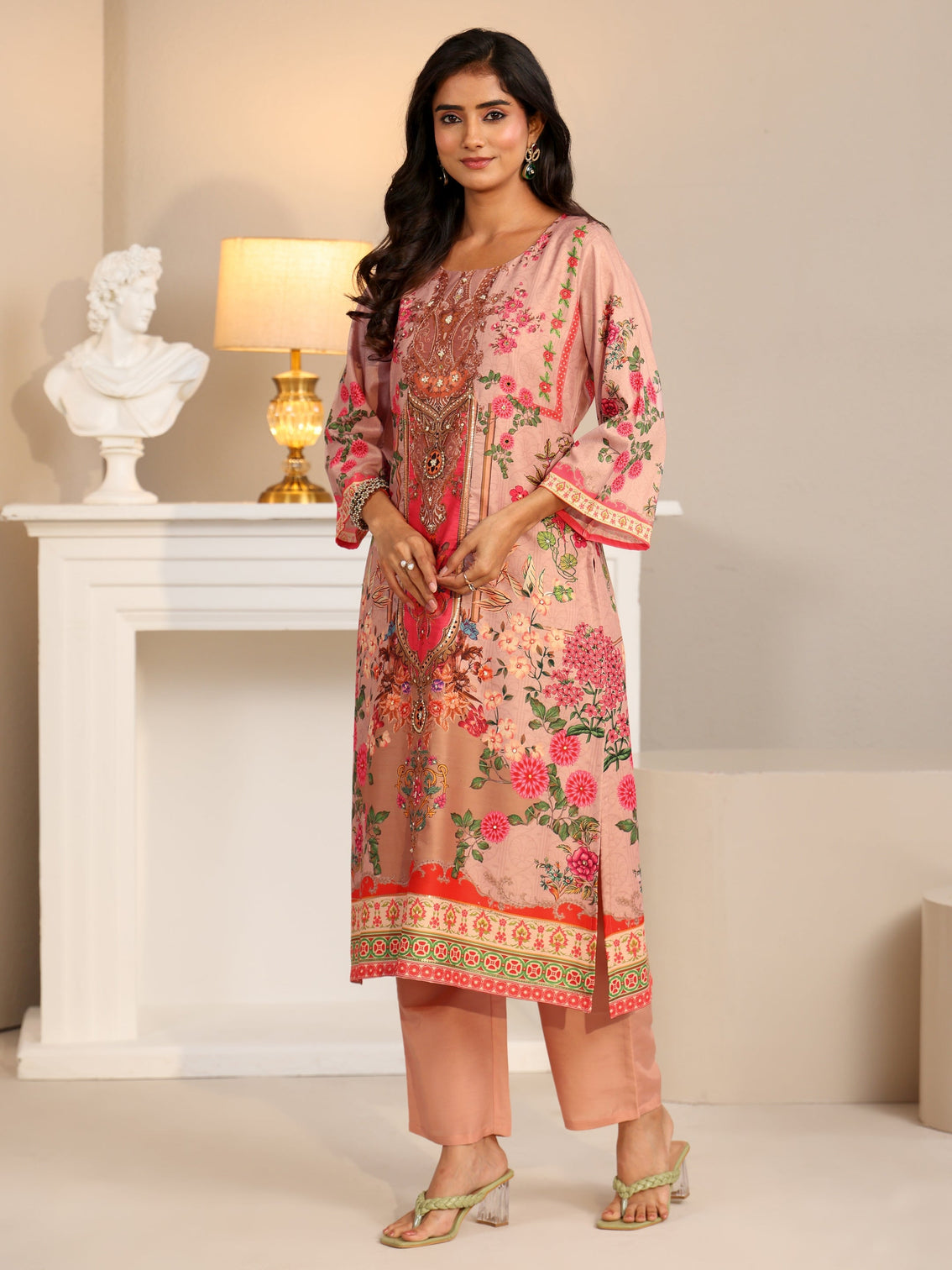 Mameraa Pink Floral Printed Silk Blend Straight Suit Set