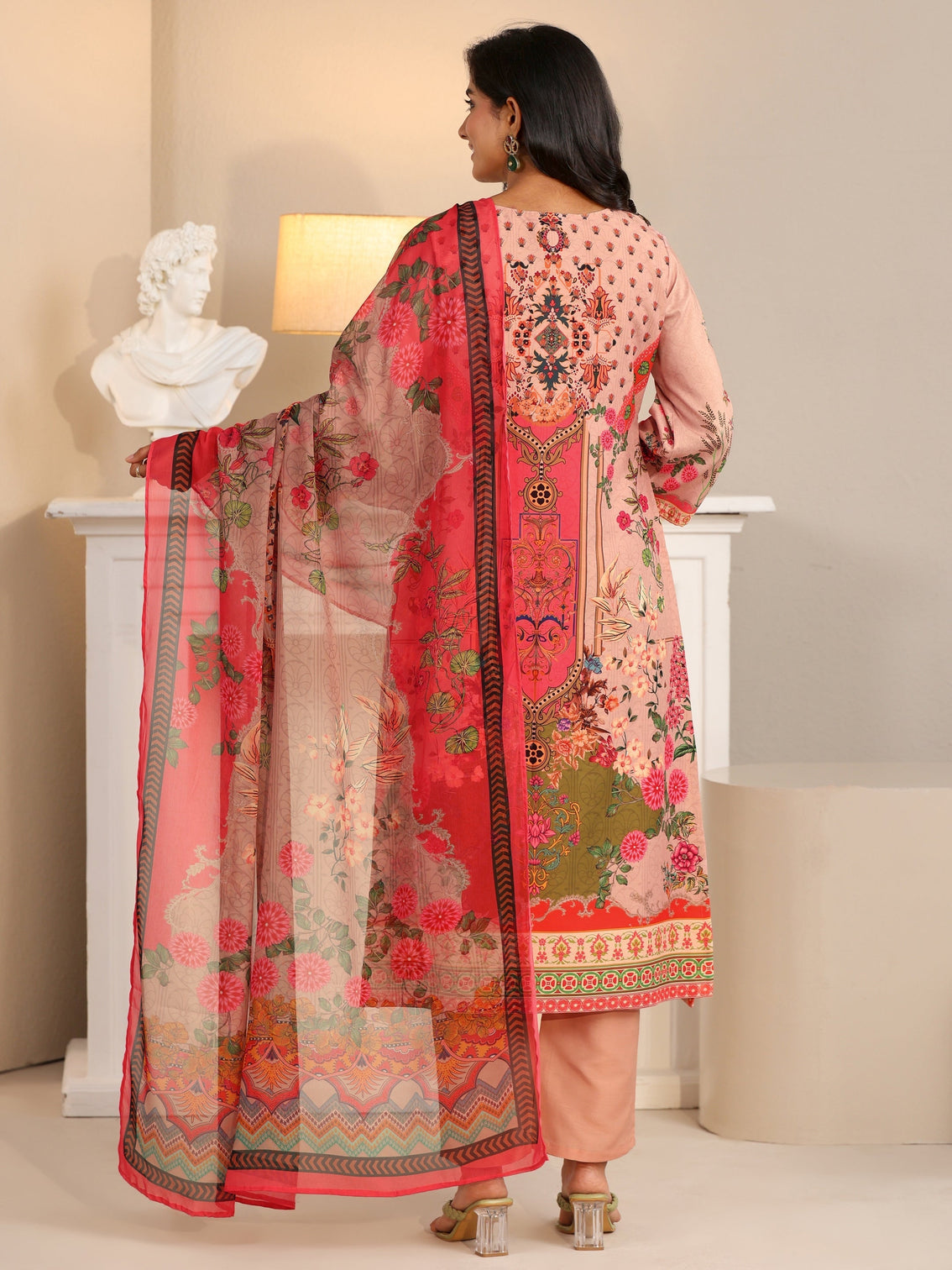 Mameraa Pink Floral Printed Silk Blend Straight Suit Set
