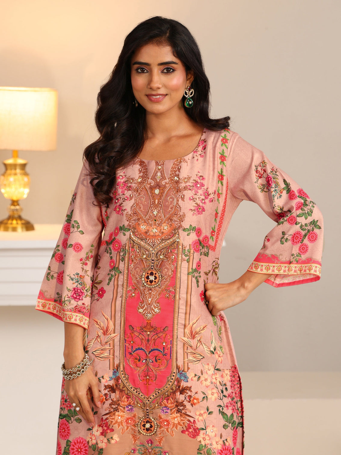 Mameraa Pink Floral Printed Silk Blend Straight Suit Set