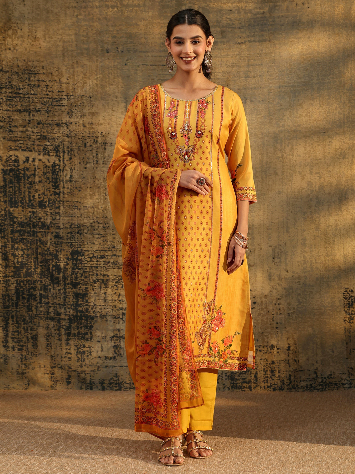 Mameraa Mustard Floral Embroidered Silk Blend Straight Suit Set