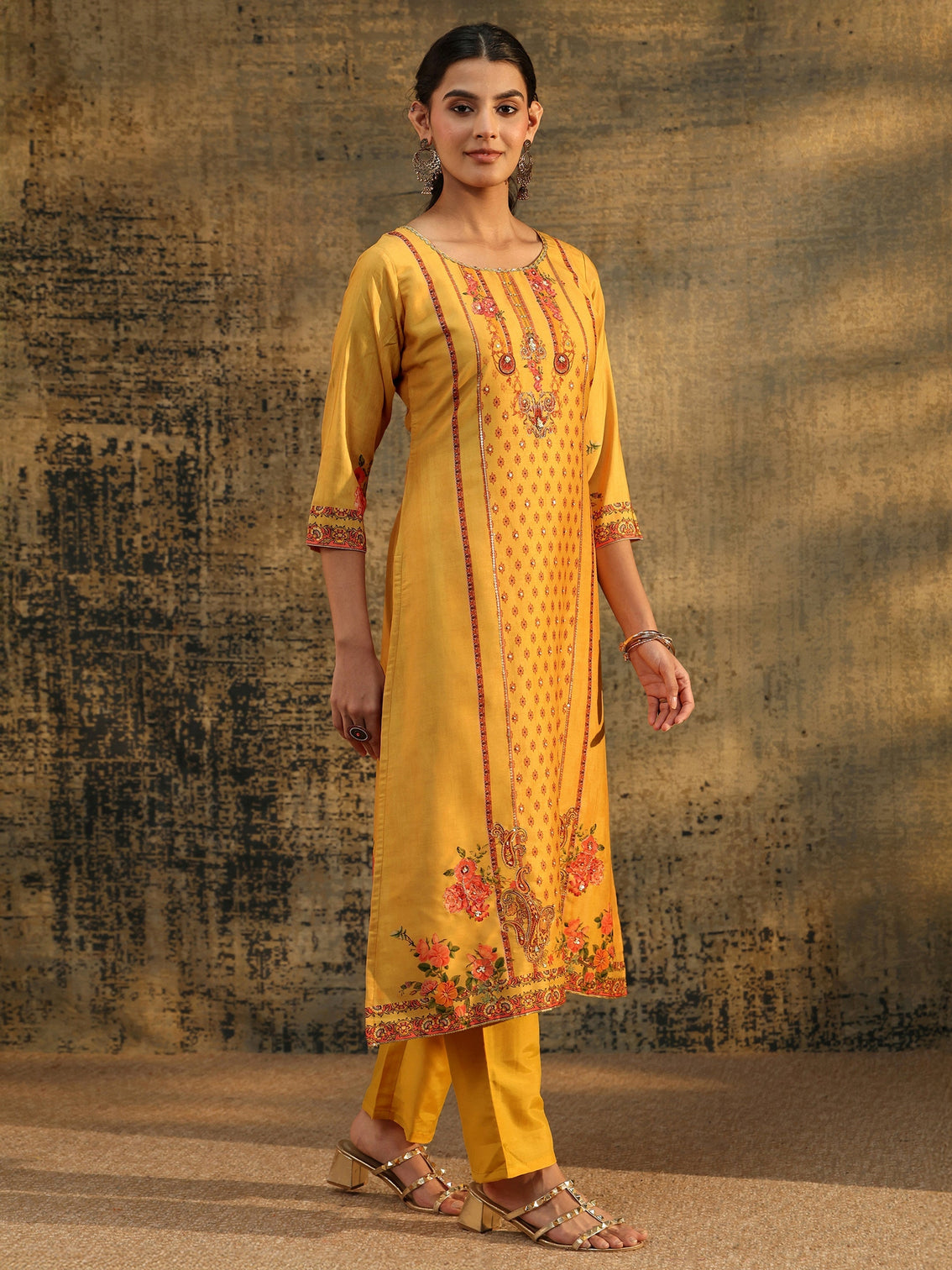 Mameraa Mustard Floral Embroidered Silk Blend Straight Suit Set