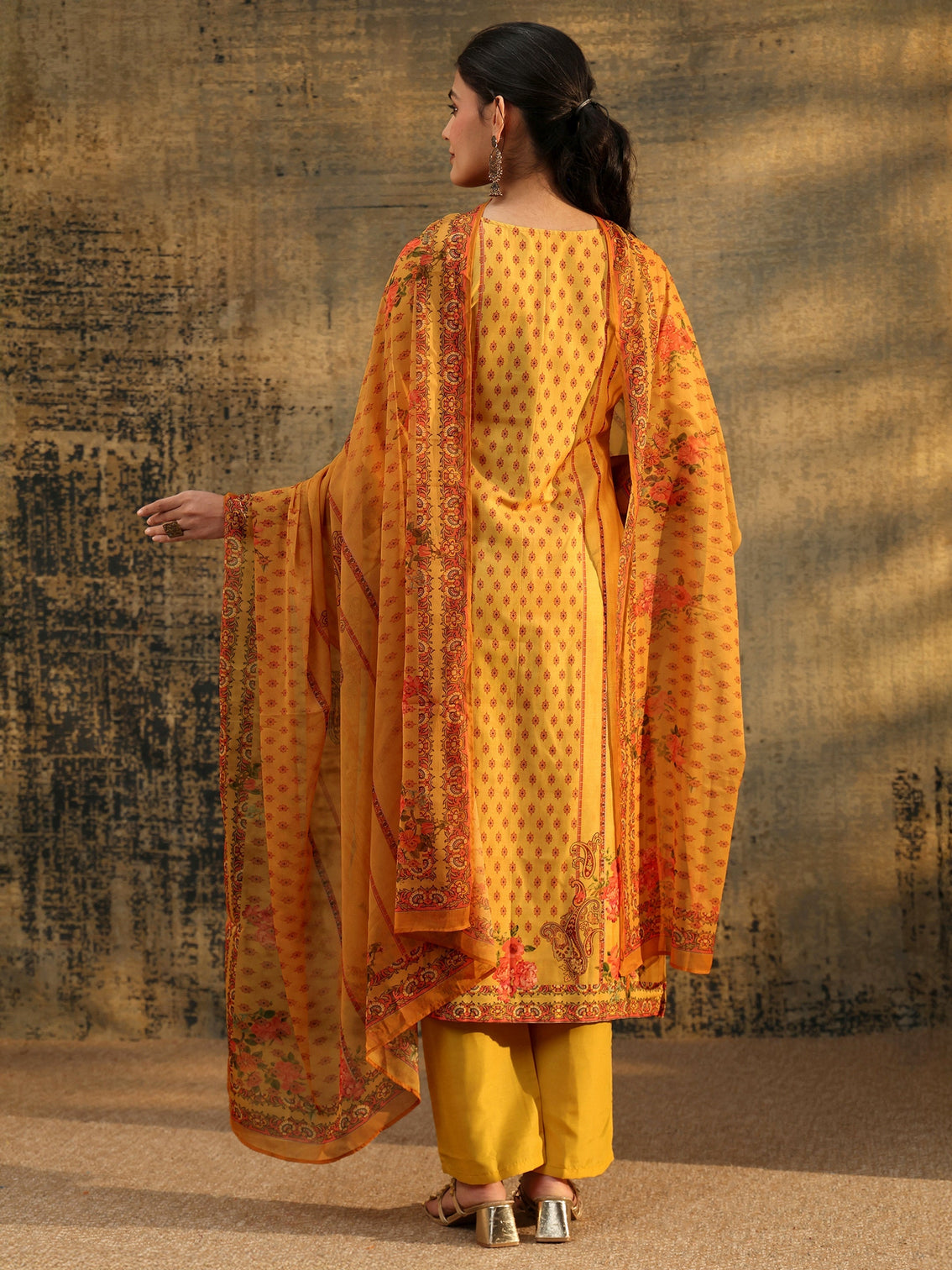 Mameraa Mustard Floral Embroidered Silk Blend Straight Suit Set