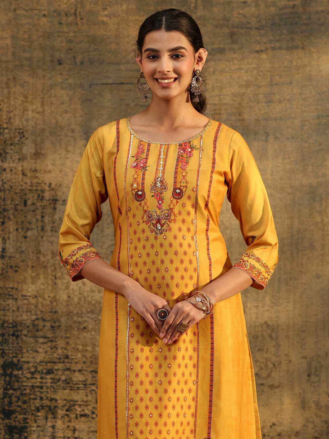 Mameraa Mustard Floral Embroidered Silk Blend Straight Suit Set