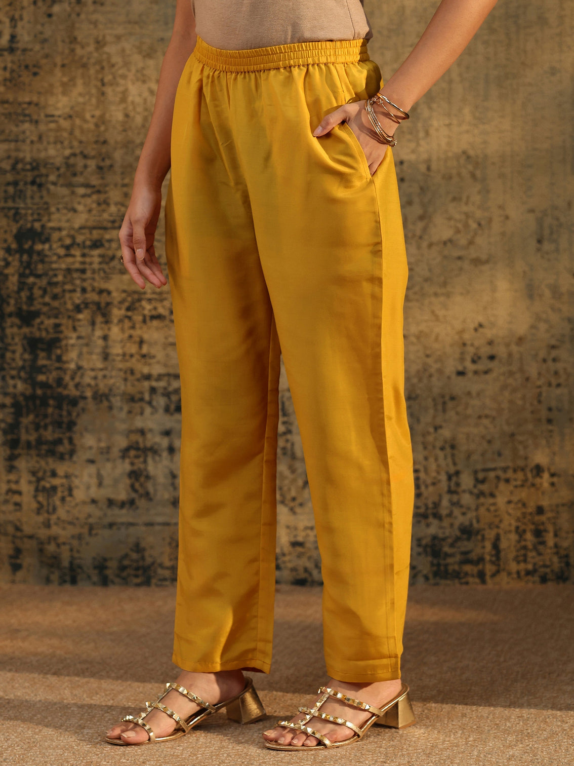 Mameraa Mustard Floral Embroidered Silk Blend Straight Suit Set