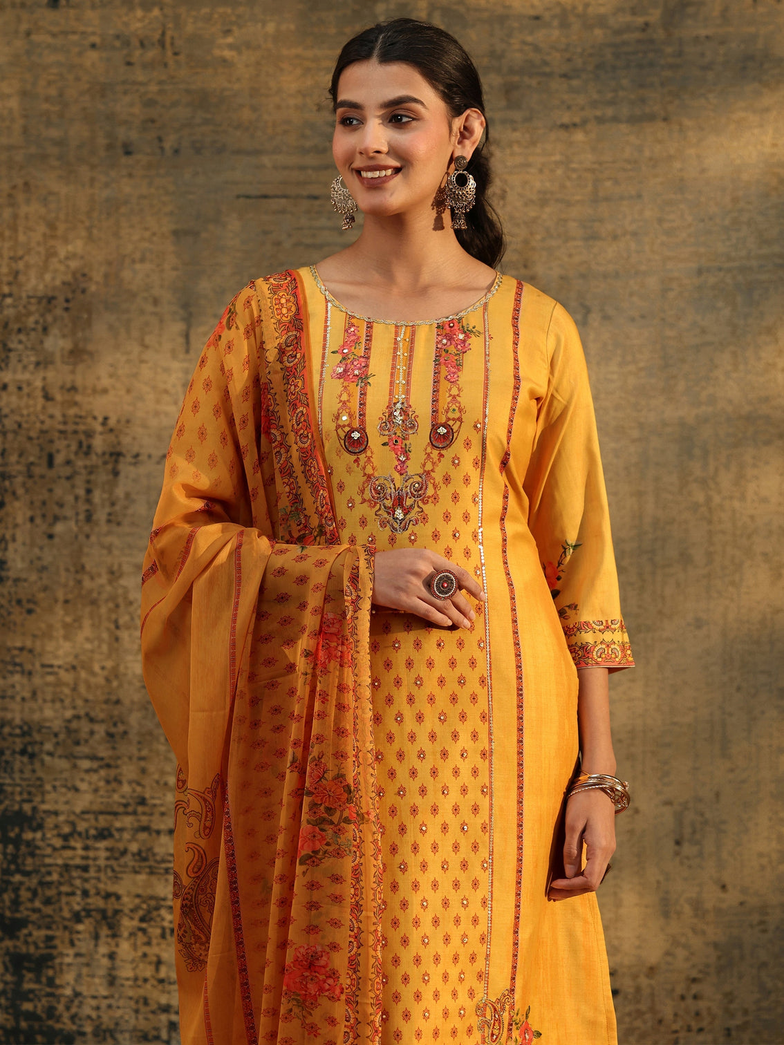 Mameraa Mustard Floral Embroidered Silk Blend Straight Suit Set