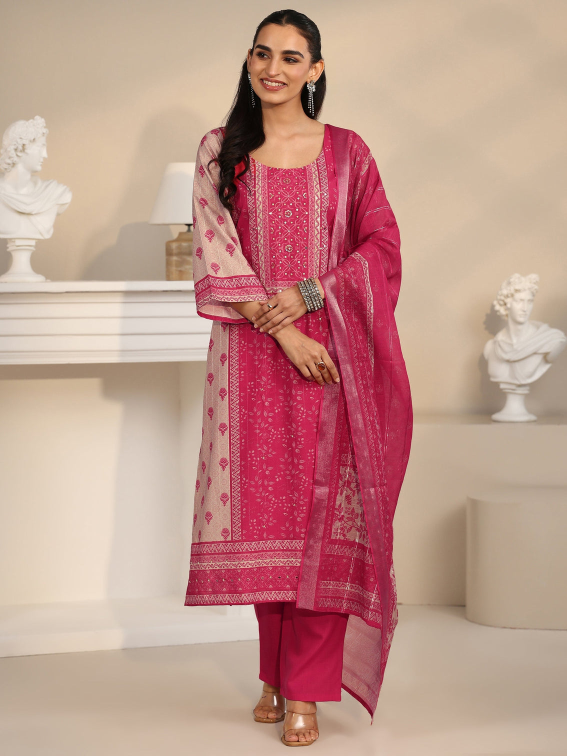 Mameraa Pink Floral Printed Linen Straight Suit Set