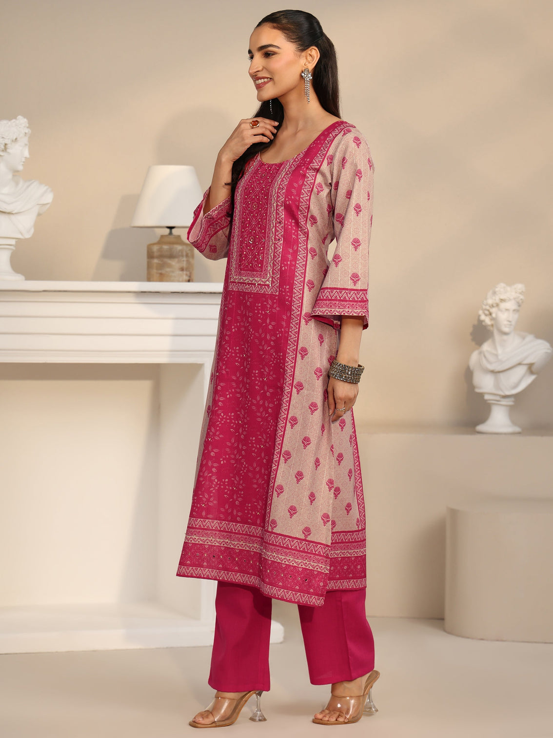 Mameraa Pink Floral Printed Linen Straight Suit Set
