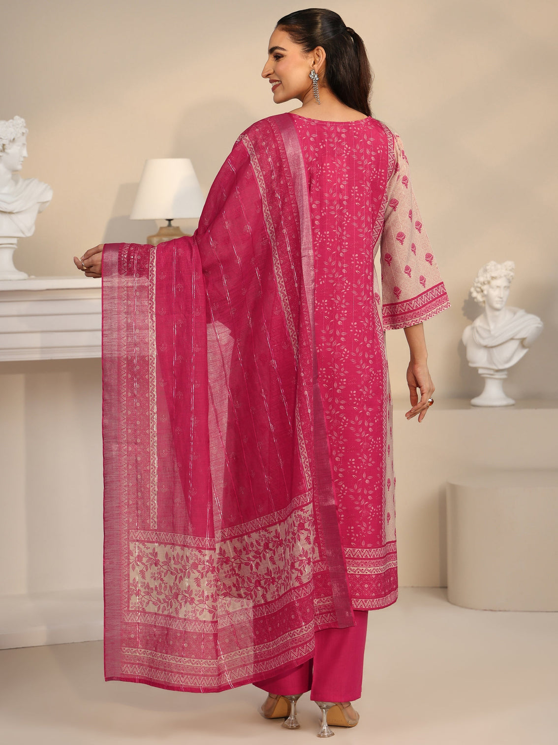 Mameraa Pink Floral Printed Linen Straight Suit Set