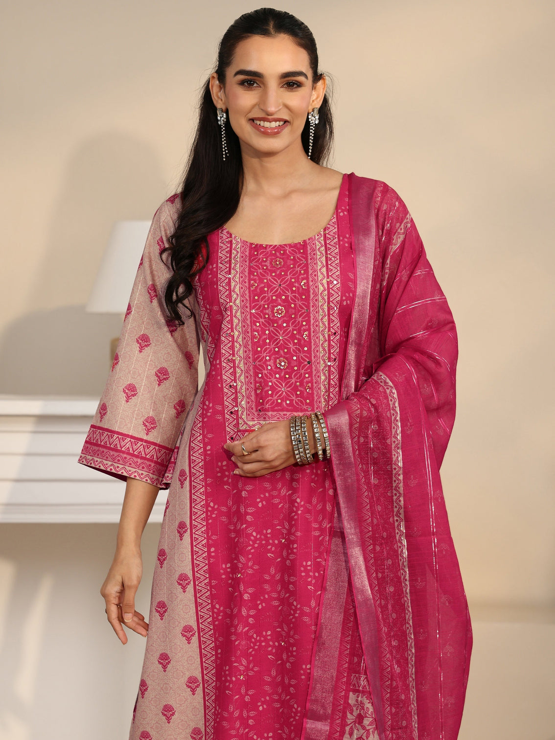 Mameraa Pink Floral Printed Linen Straight Suit Set