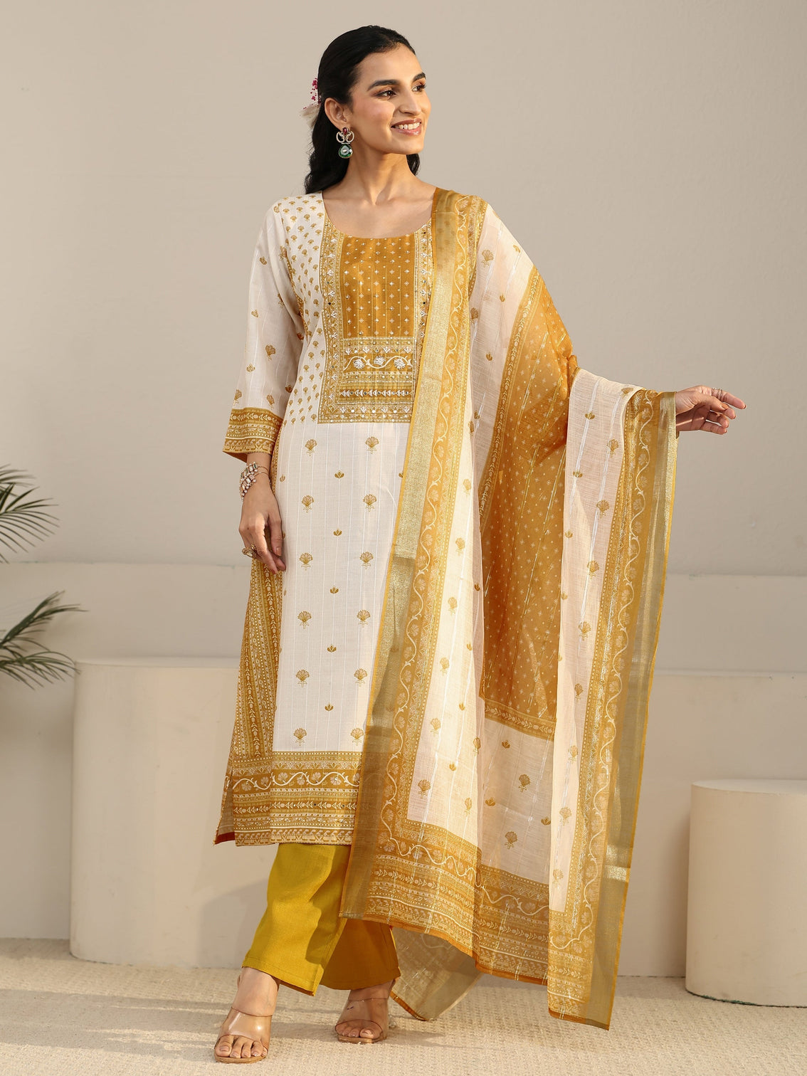 Mameraa Off White Floral Printed Linen Straight Suit Set
