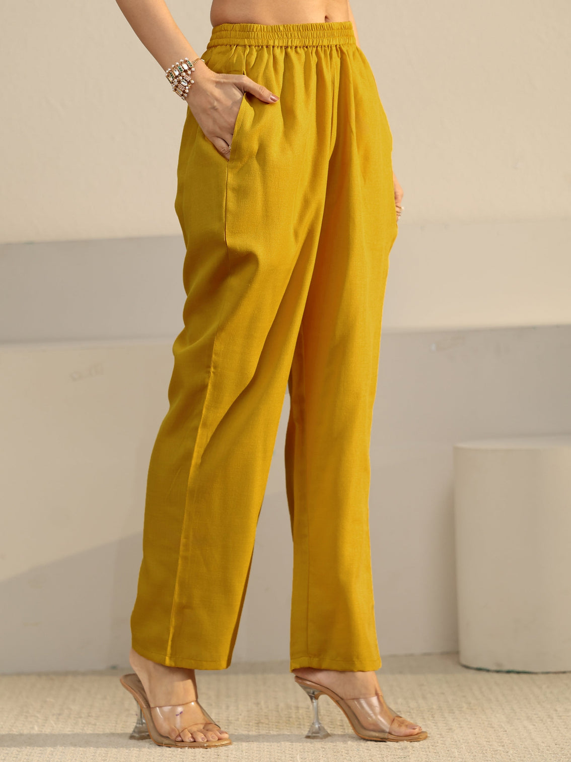 Mameraa Off White Floral Printed Linen Straight Suit Set