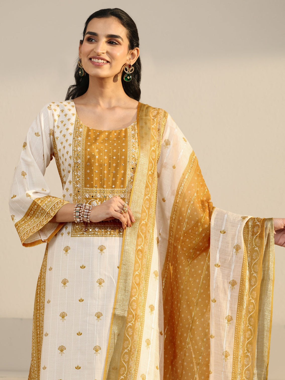Mameraa Off White Floral Printed Linen Straight Suit Set