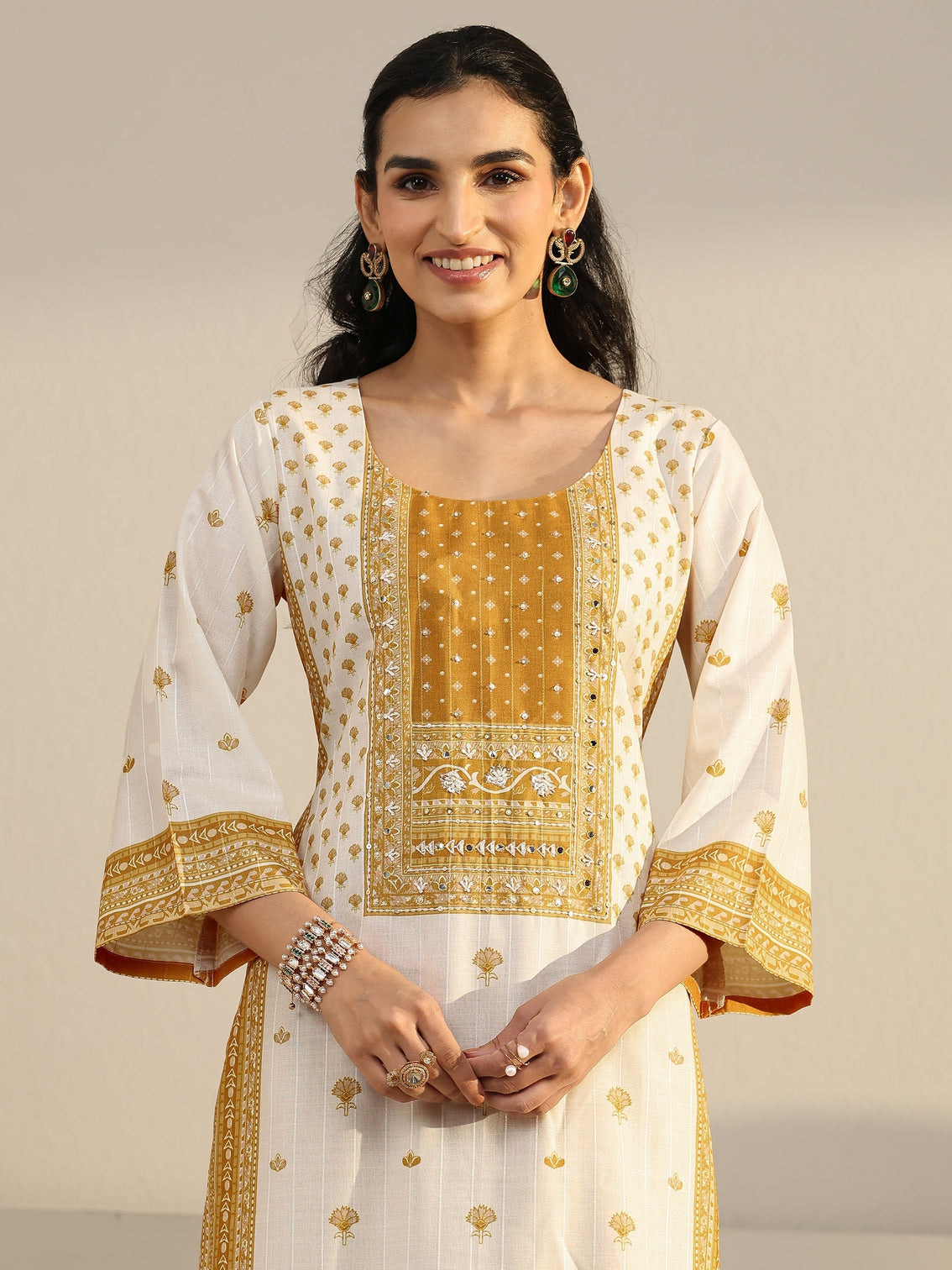 Mameraa Off White Floral Printed Linen Straight Suit Set