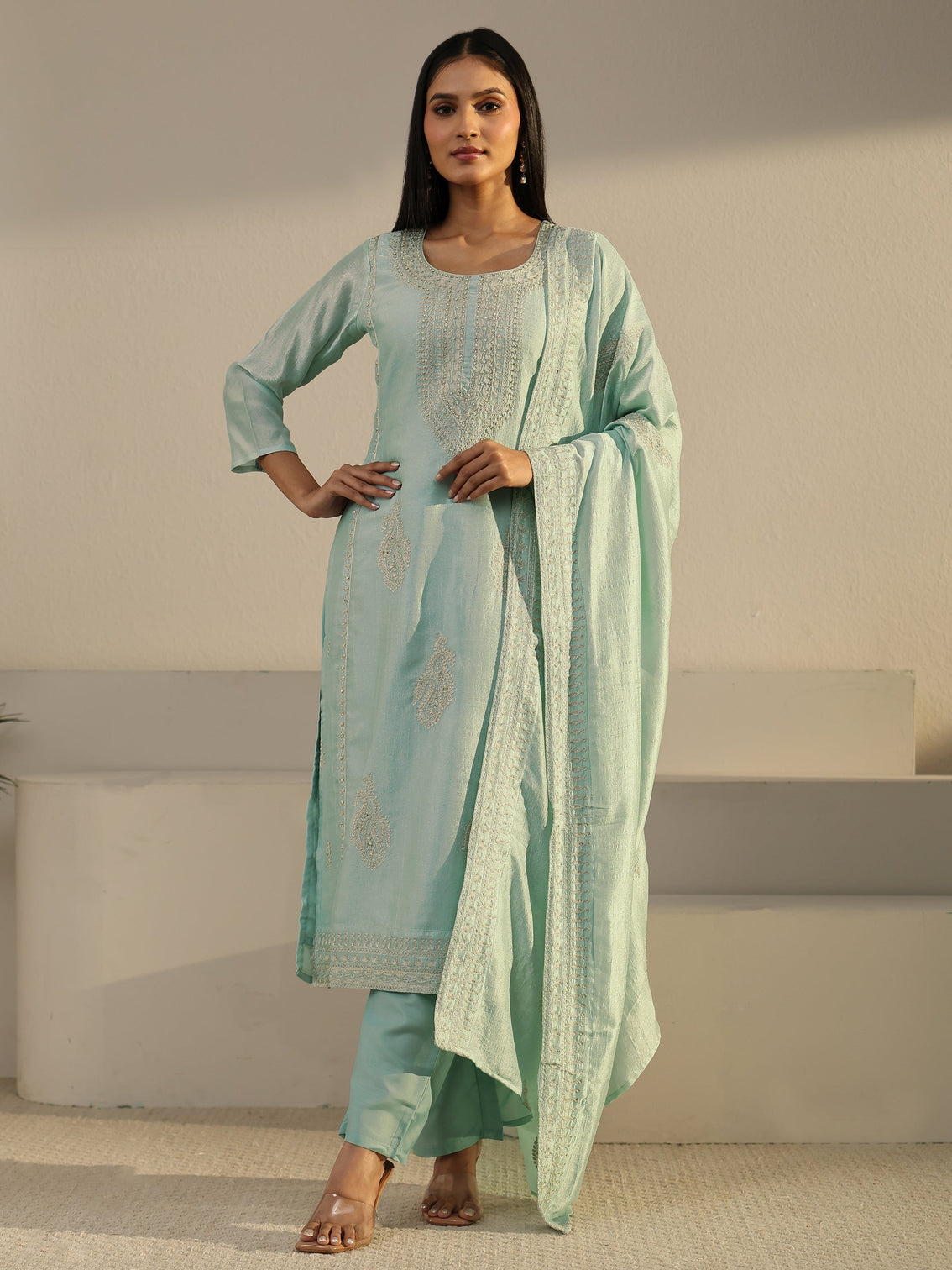 Mameraa Powder Blue Paisley Embellished Silk Blend Straight Suit Set