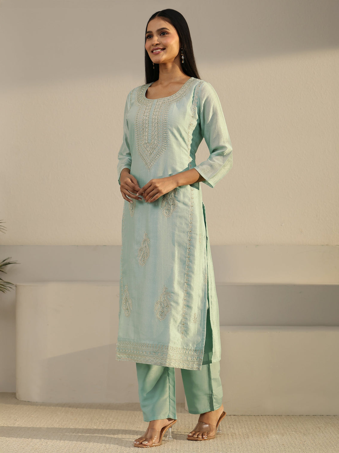 Mameraa Powder Blue Paisley Embellished Silk Blend Straight Suit Set