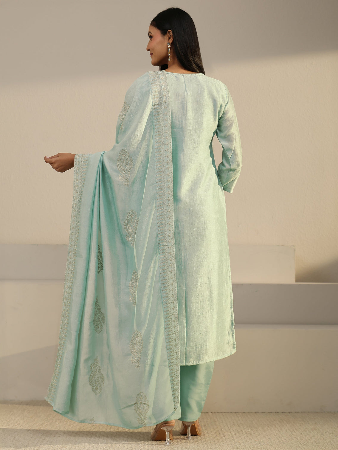 Mameraa Powder Blue Paisley Embellished Silk Blend Straight Suit Set
