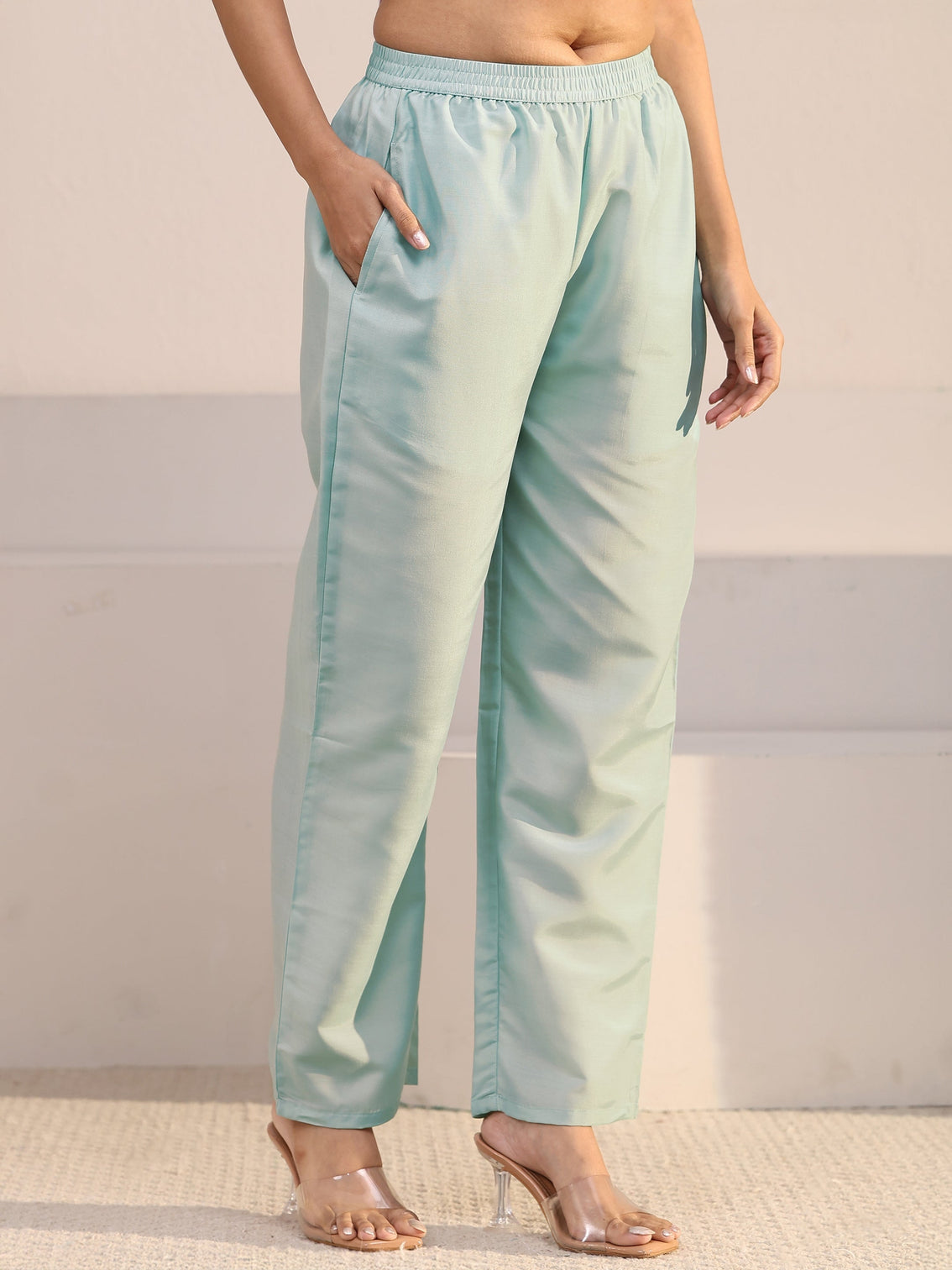 Mameraa Powder Blue Paisley Embellished Silk Blend Straight Suit Set