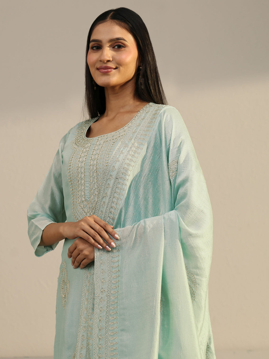 Mameraa Powder Blue Paisley Embellished Silk Blend Straight Suit Set