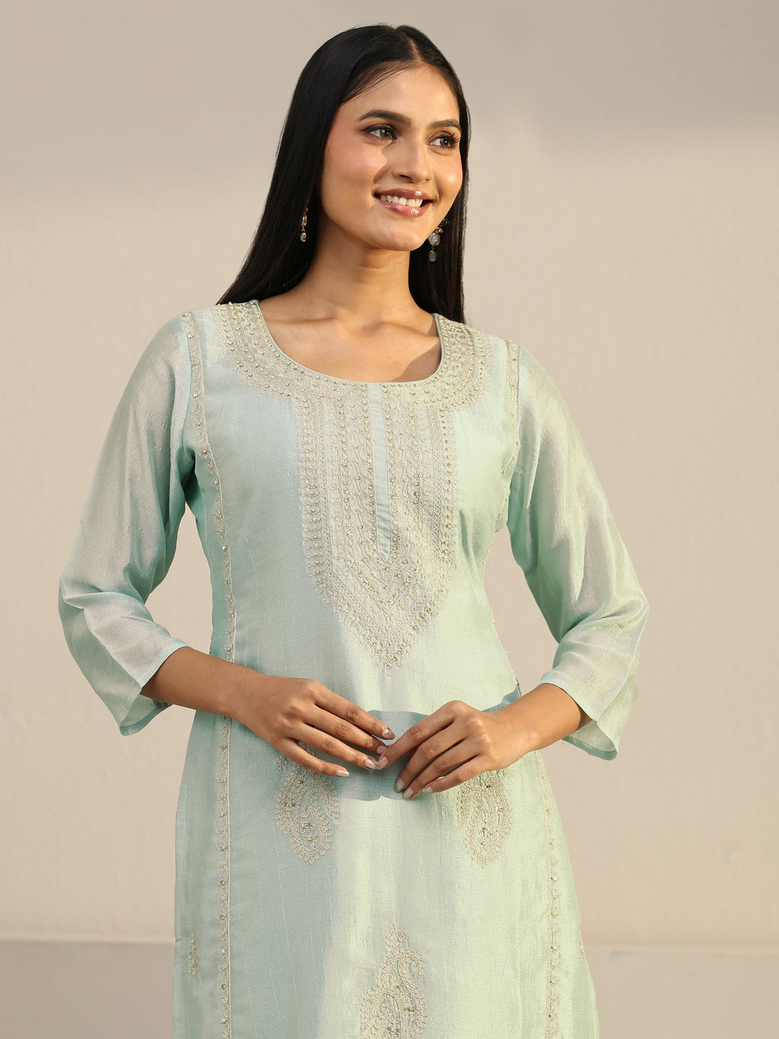 Mameraa Powder Blue Paisley Embellished Silk Blend Straight Suit Set