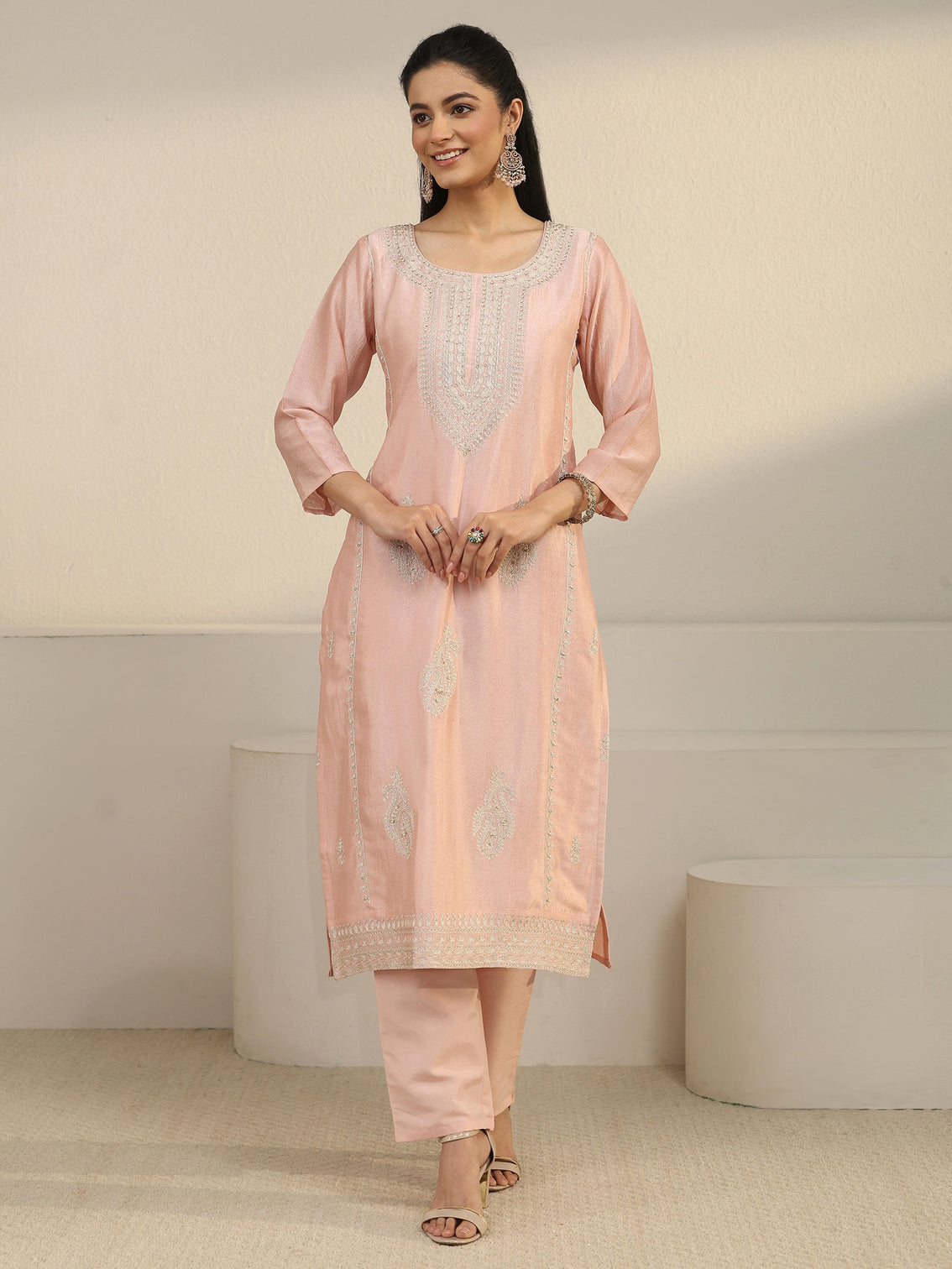 Mameraa Dusty Pink Paisley Embellished Silk Blend Straight Suit Set