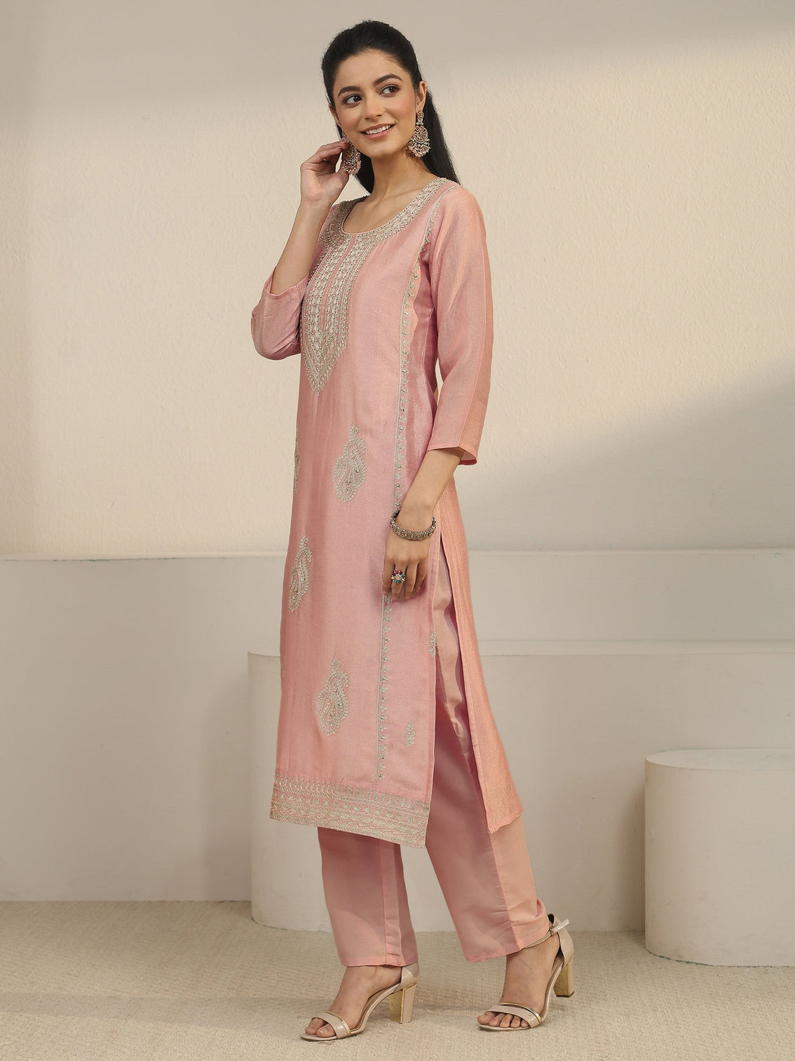 Mameraa Dusty Pink Paisley Embellished Silk Blend Straight Suit Set