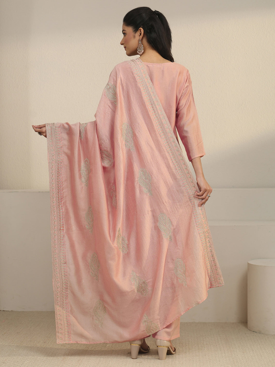 Mameraa Dusty Pink Paisley Embellished Silk Blend Straight Suit Set