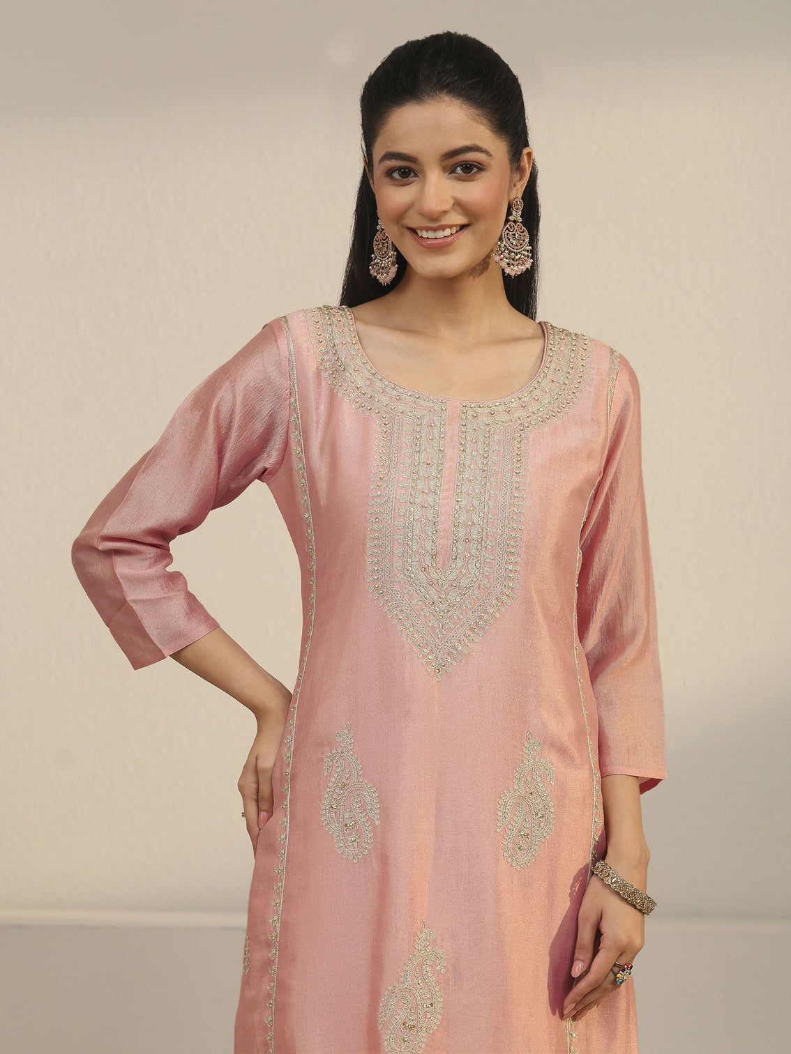 Mameraa Dusty Pink Paisley Embellished Silk Blend Straight Suit Set