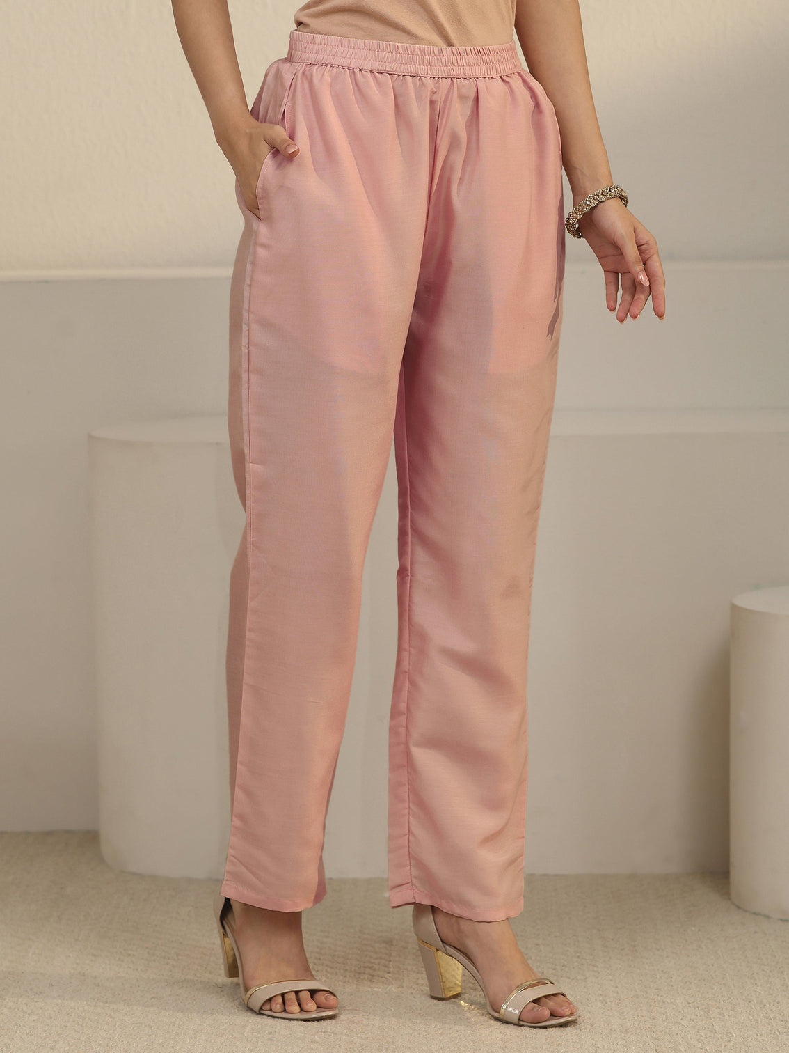 Mameraa Dusty Pink Paisley Embellished Silk Blend Straight Suit Set