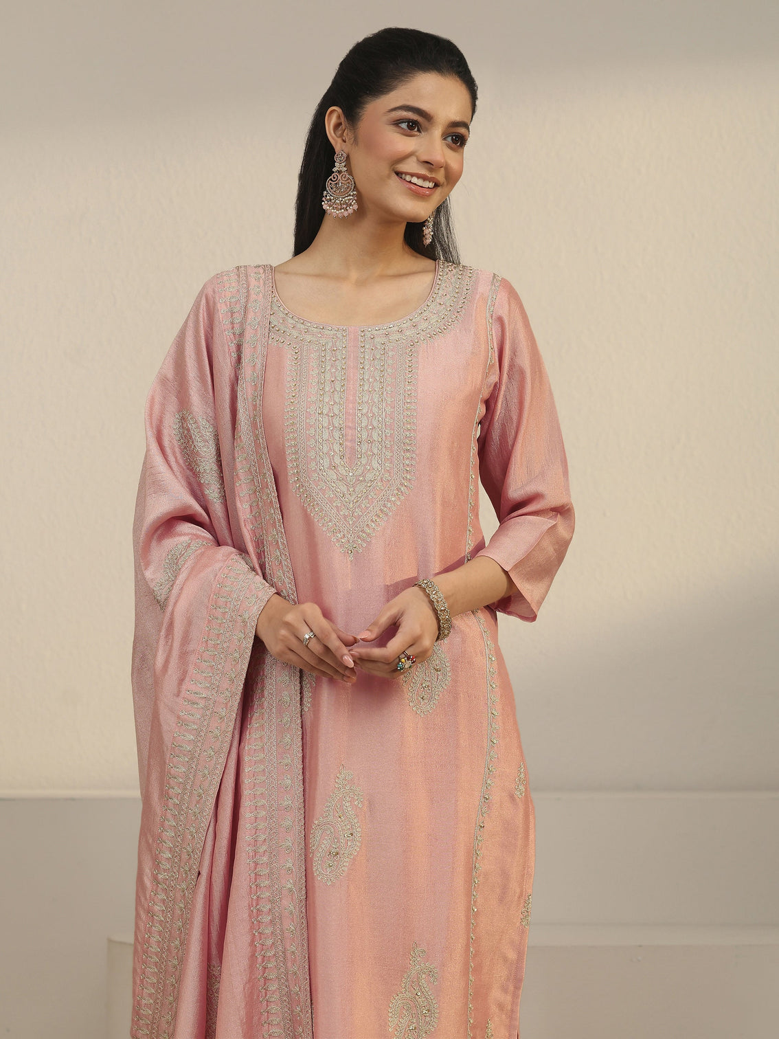 Mameraa Dusty Pink Paisley Embellished Silk Blend Straight Suit Set