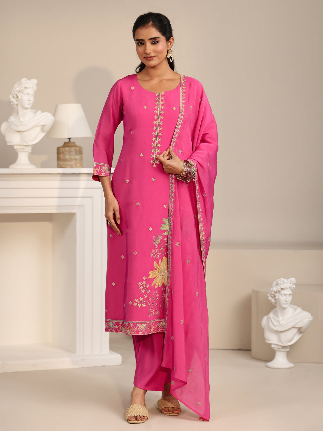 Mameraa Hot Pink Floral Embroidered Chanderi Silk Straight Suit Set