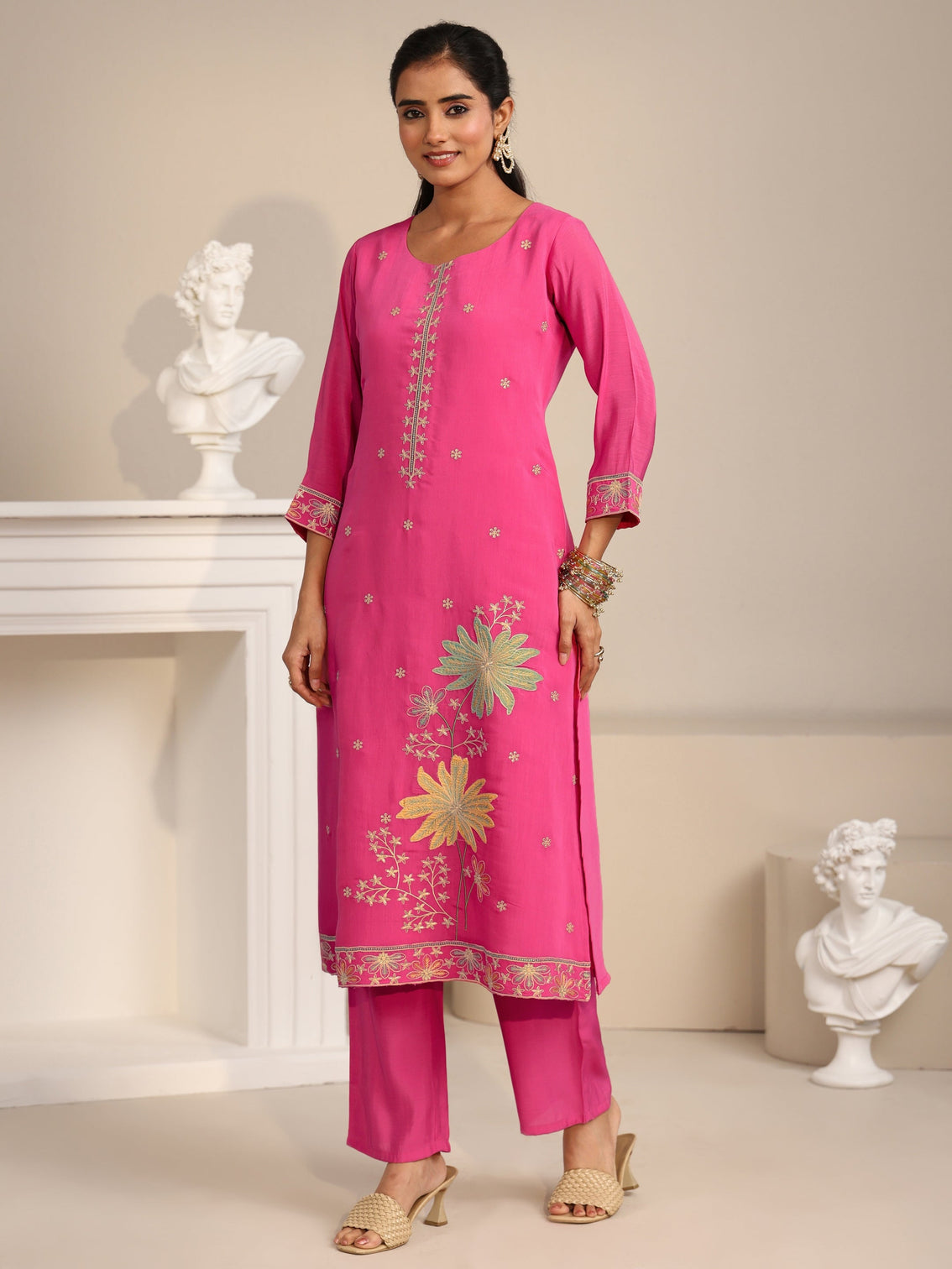 Mameraa Hot Pink Floral Embroidered Chanderi Silk Straight Suit Set