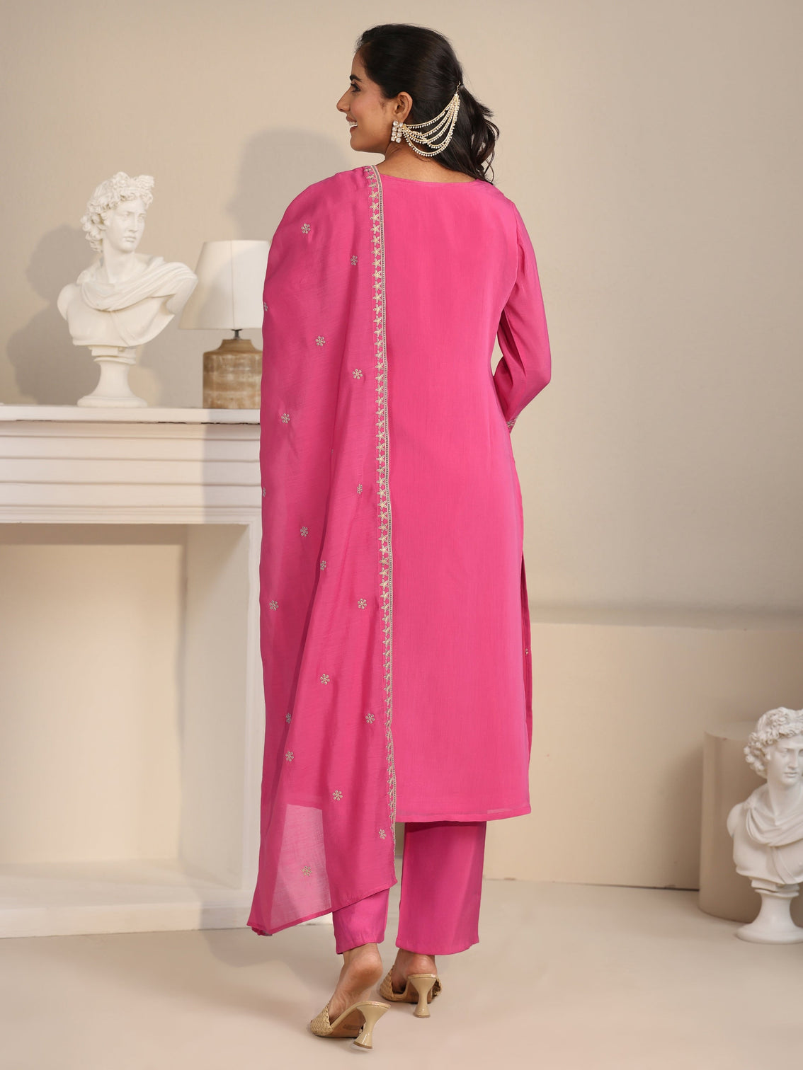 Mameraa Hot Pink Floral Embroidered Chanderi Silk Straight Suit Set
