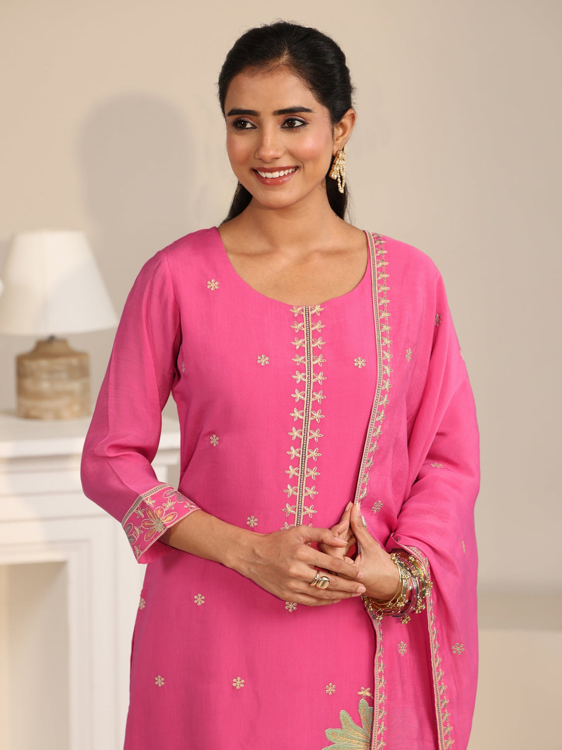 Mameraa Hot Pink Floral Embroidered Chanderi Silk Straight Suit Set