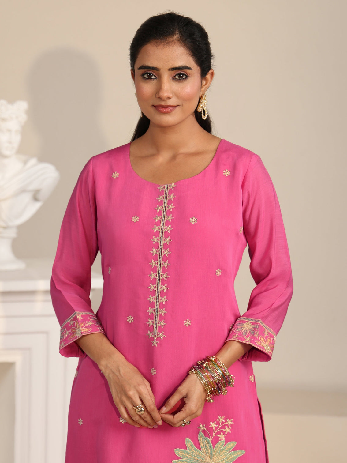 Mameraa Hot Pink Floral Embroidered Chanderi Silk Straight Suit Set