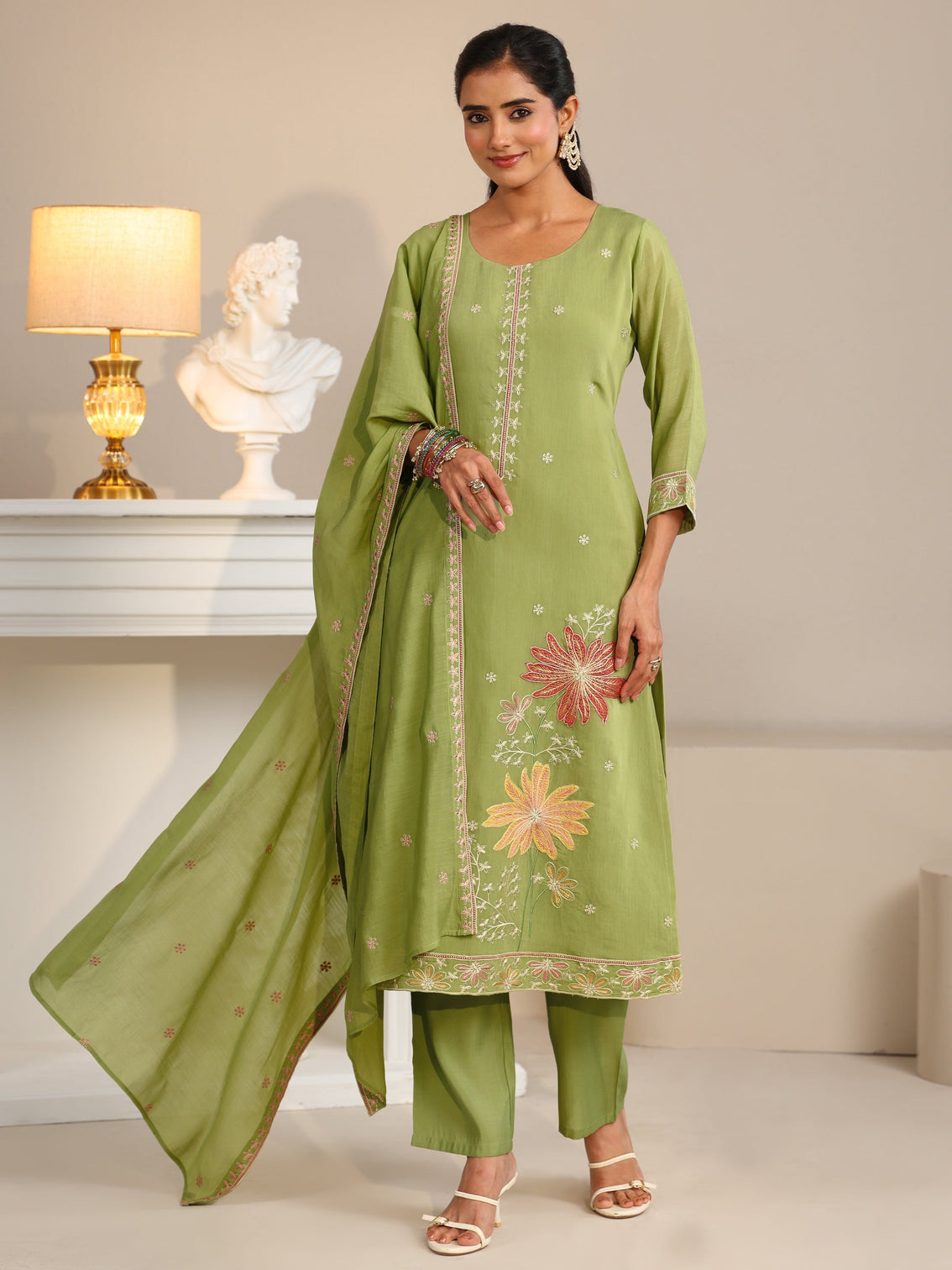 Mameraa Pista Green Floral Embroidered Chanderi Silk Straight Suit Set