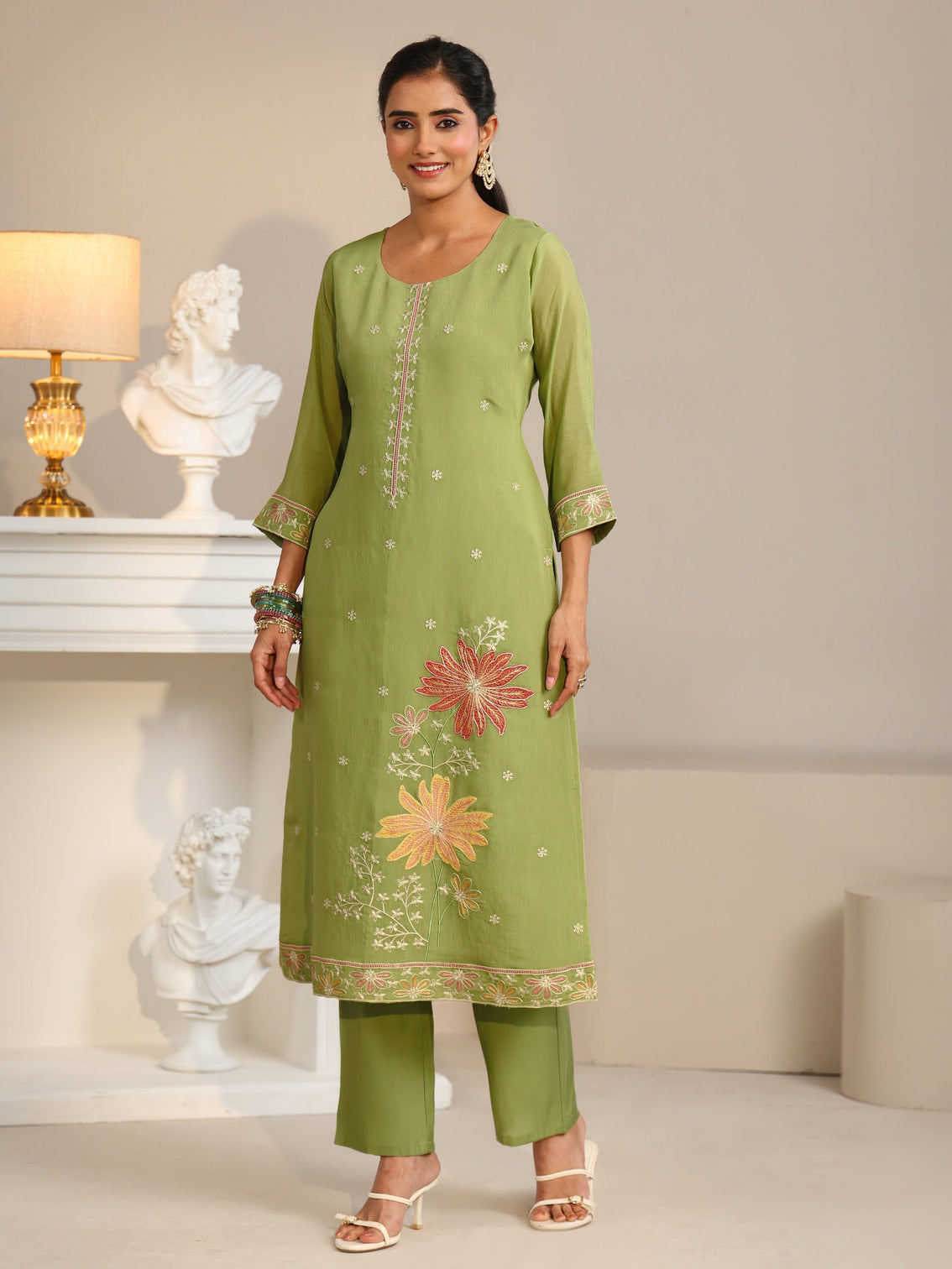 Mameraa Pista Green Floral Embroidered Chanderi Silk Straight Suit Set