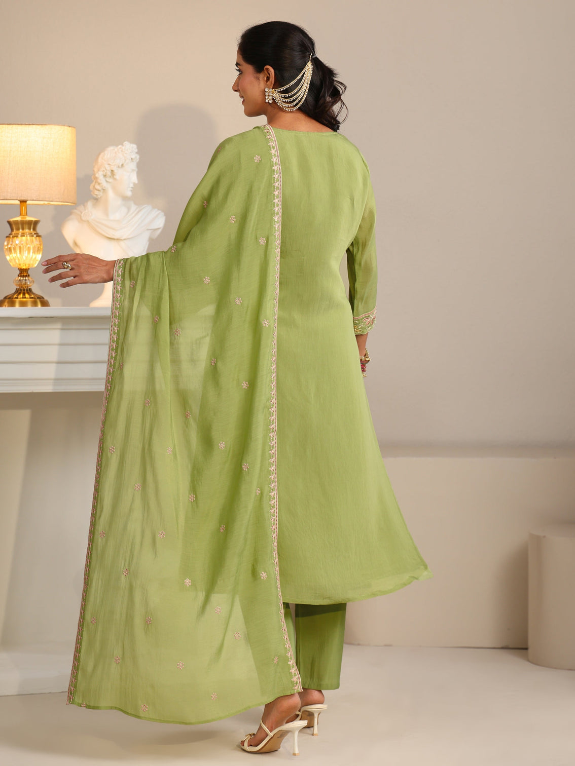 Mameraa Pista Green Floral Embroidered Chanderi Silk Straight Suit Set