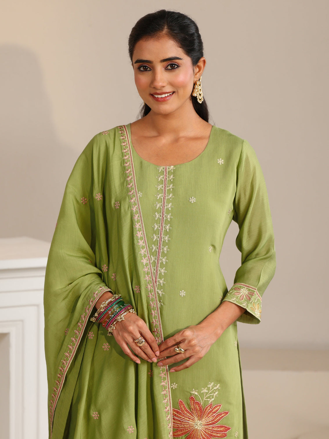 Mameraa Pista Green Floral Embroidered Chanderi Silk Straight Suit Set