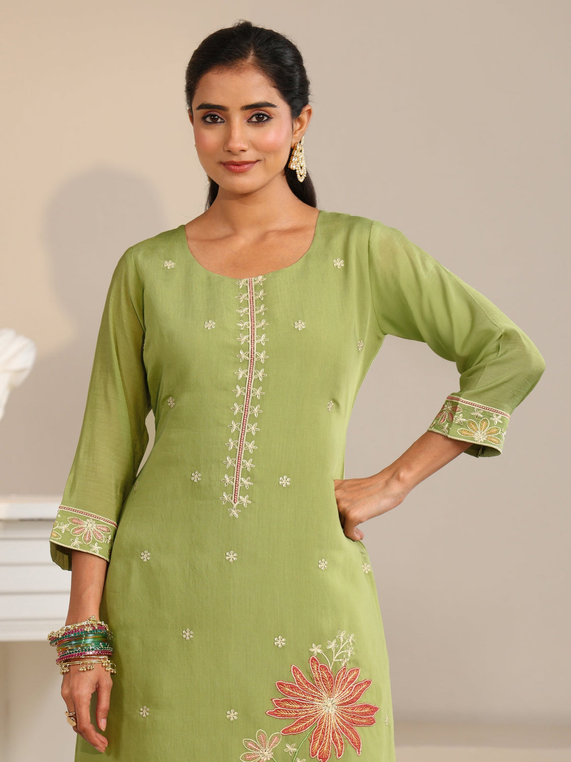 Mameraa Pista Green Floral Embroidered Chanderi Silk Straight Suit Set