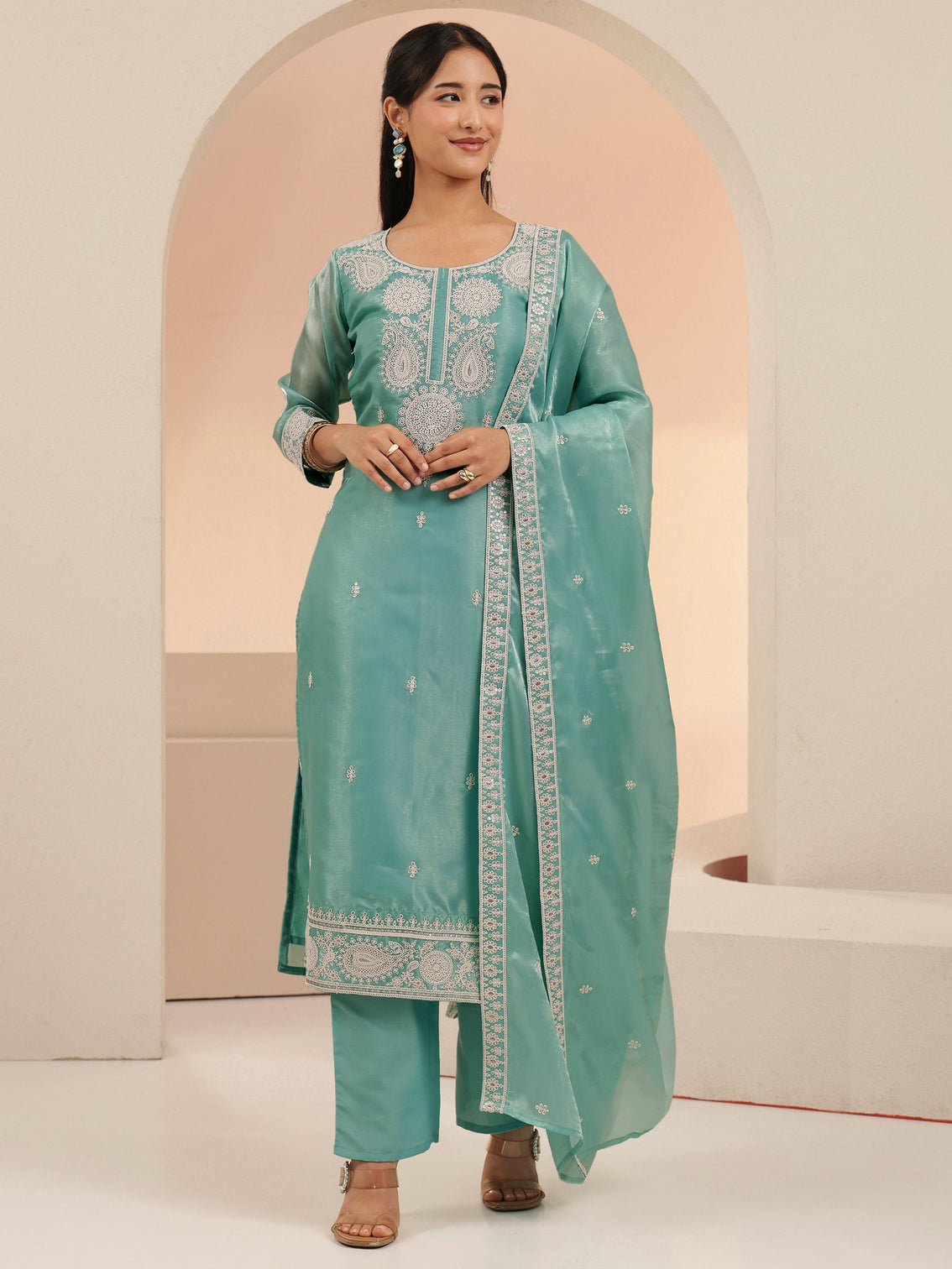 Mameraa Arctic Blue Embroidered Tissue Straight Suit Set