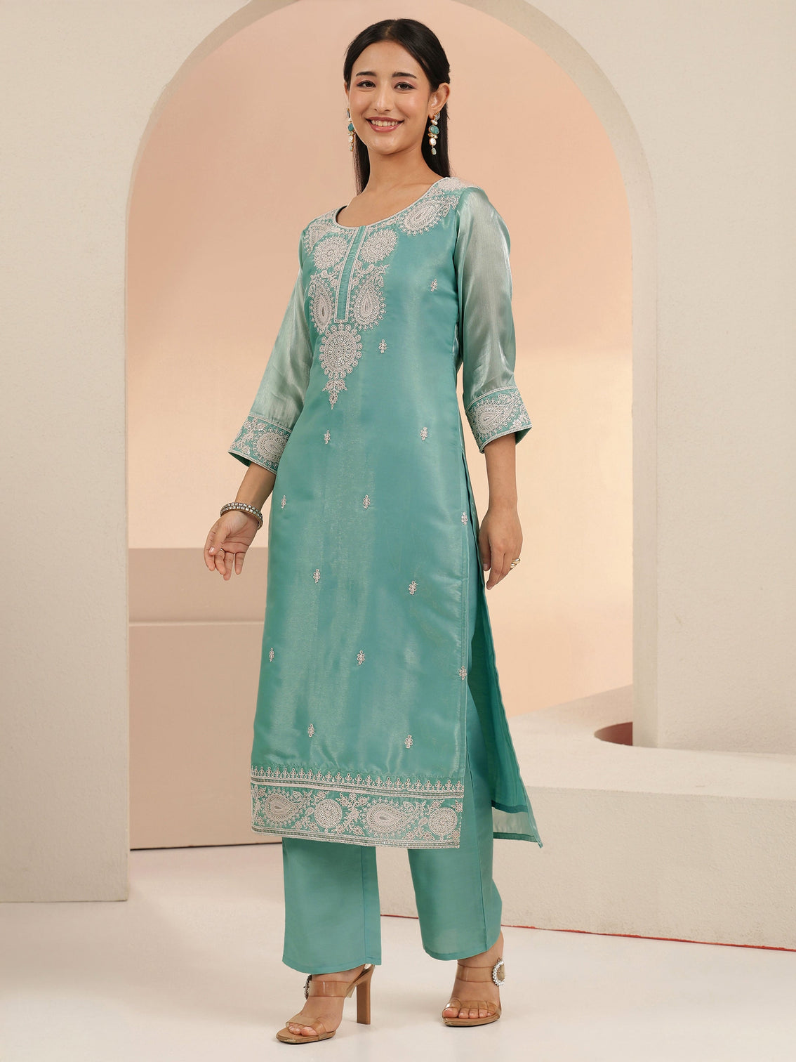 Mameraa Arctic Blue Embroidered Tissue Straight Suit Set