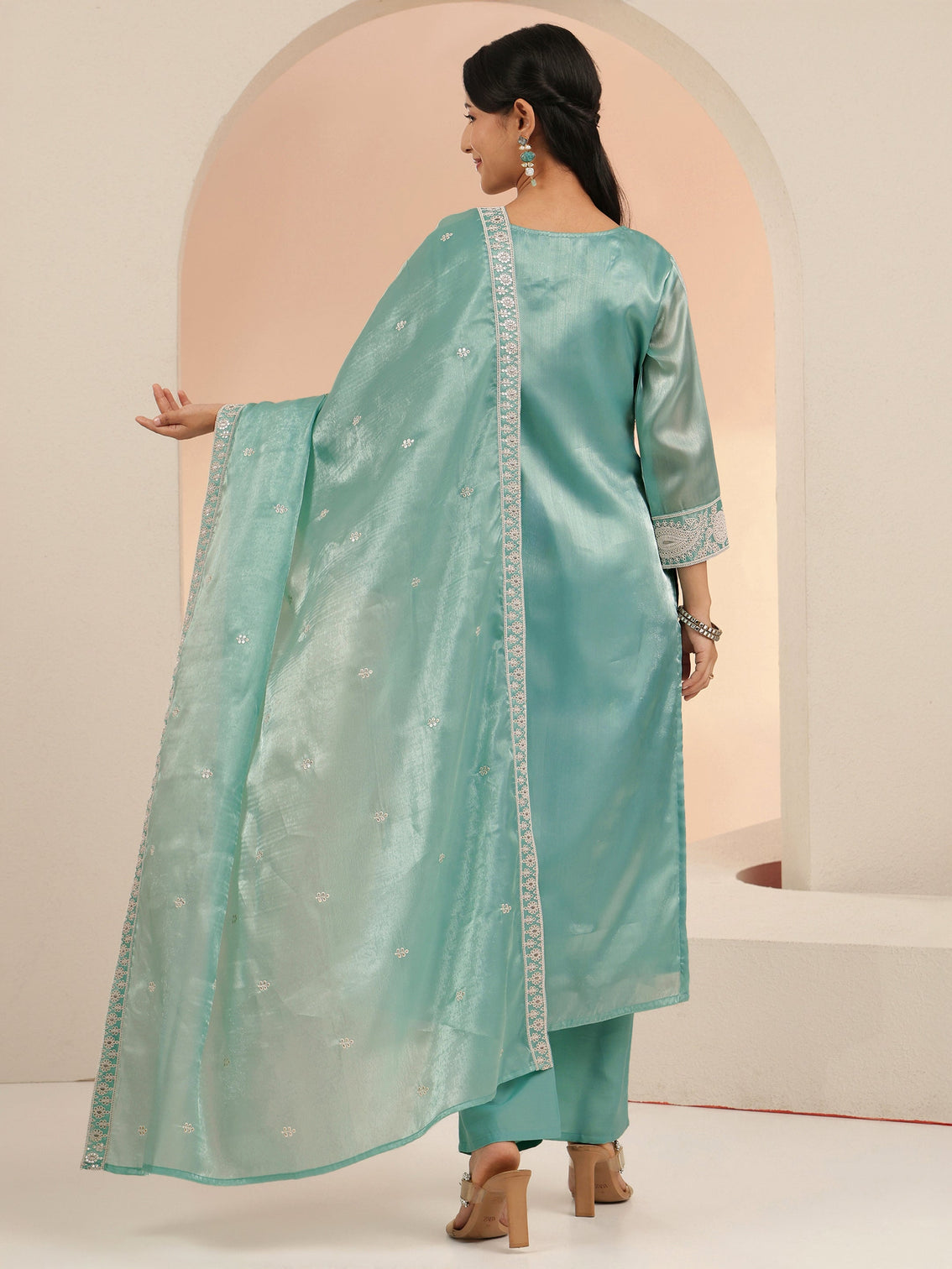 Mameraa Arctic Blue Embroidered Tissue Straight Suit Set