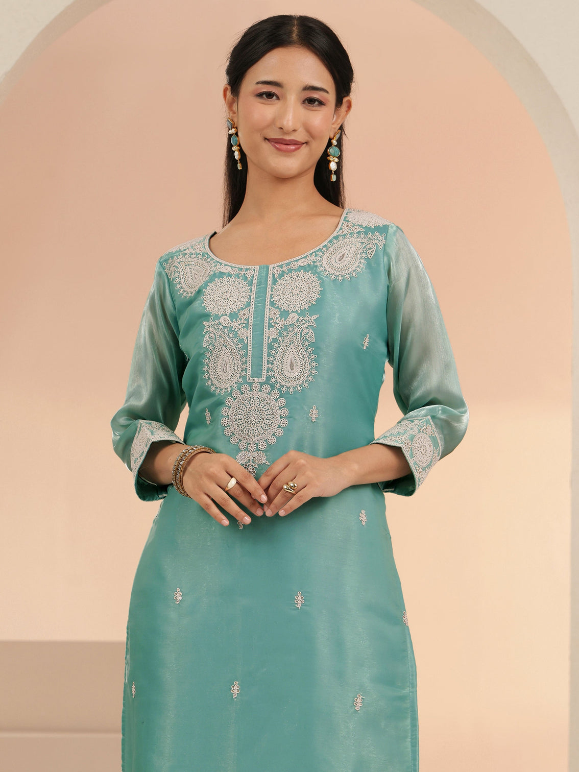 Mameraa Arctic Blue Embroidered Tissue Straight Suit Set