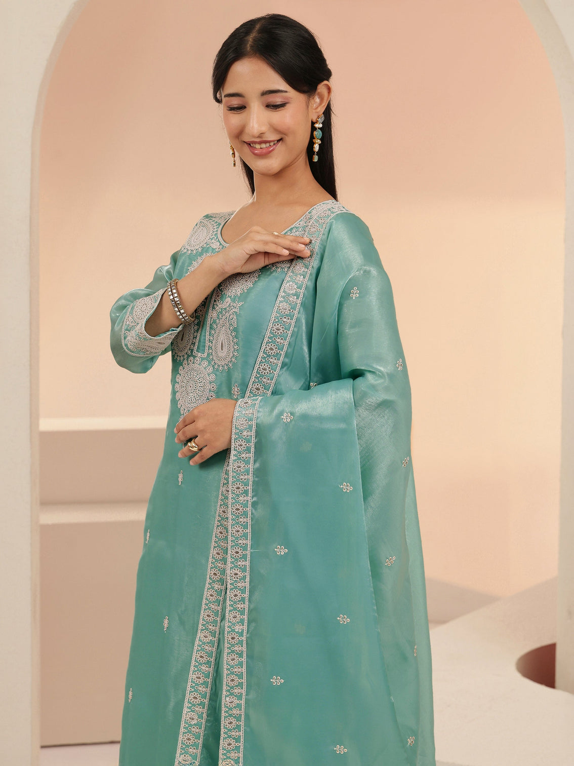 Mameraa Arctic Blue Embroidered Tissue Straight Suit Set