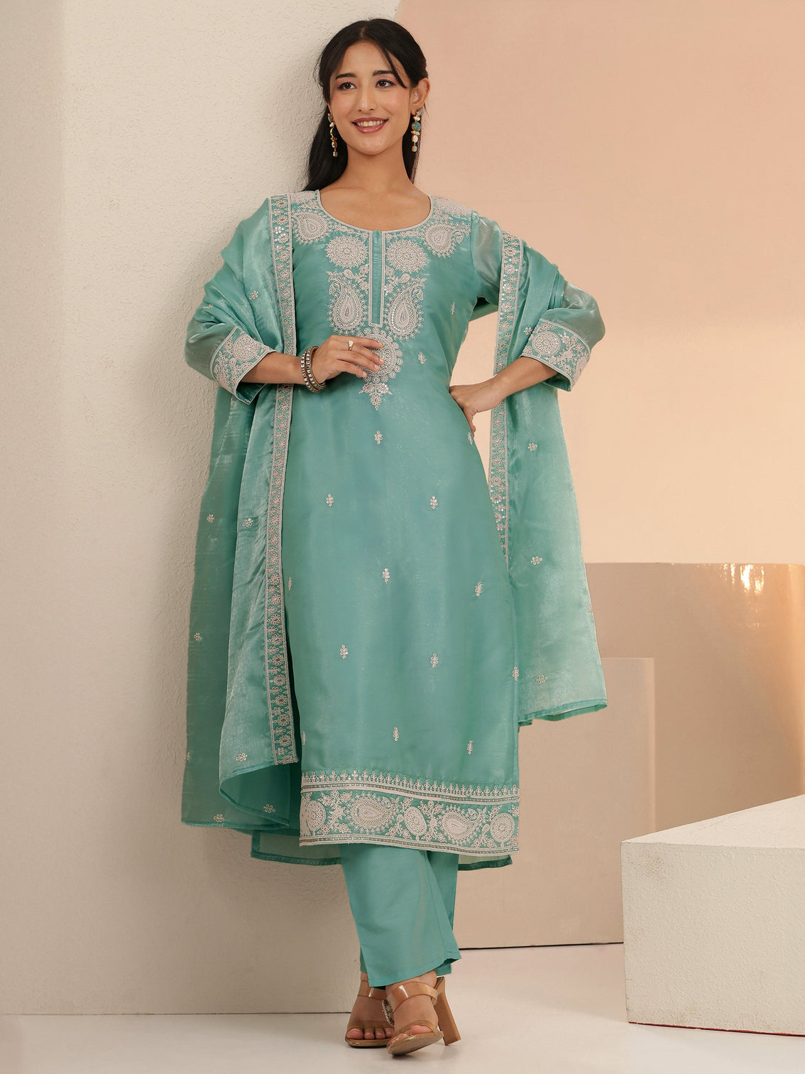 Mameraa Arctic Blue Embroidered Tissue Straight Suit Set