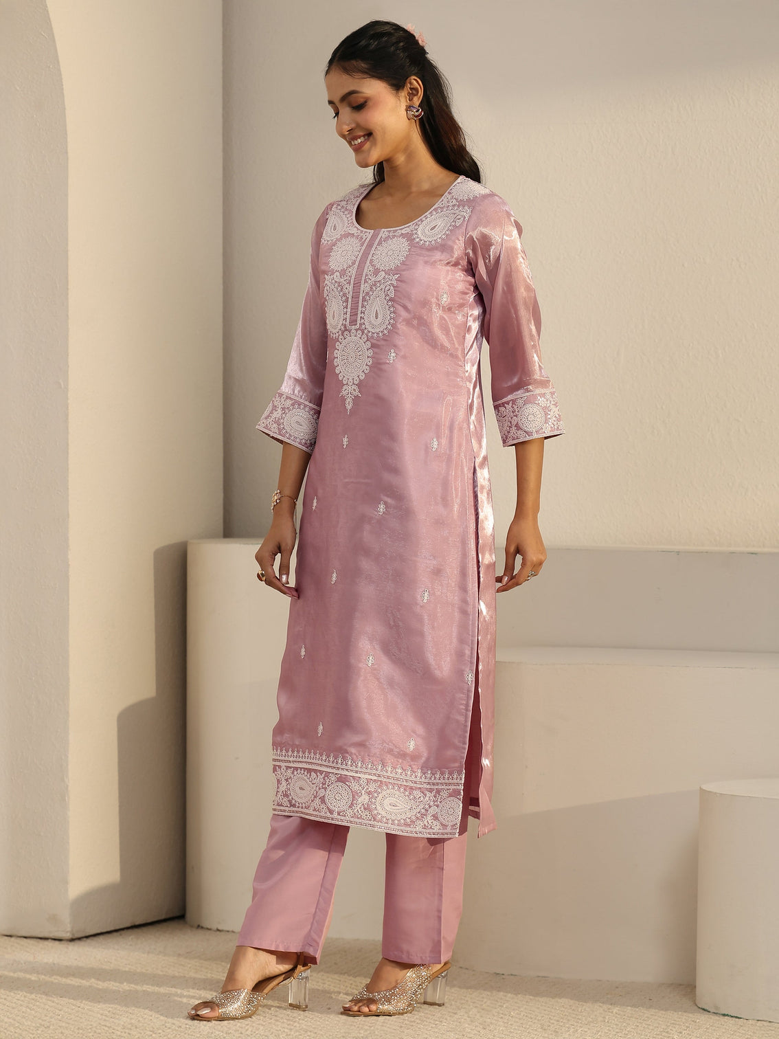 Mameraa Pink Paisley Embroidered Tissue Straight Suit Set