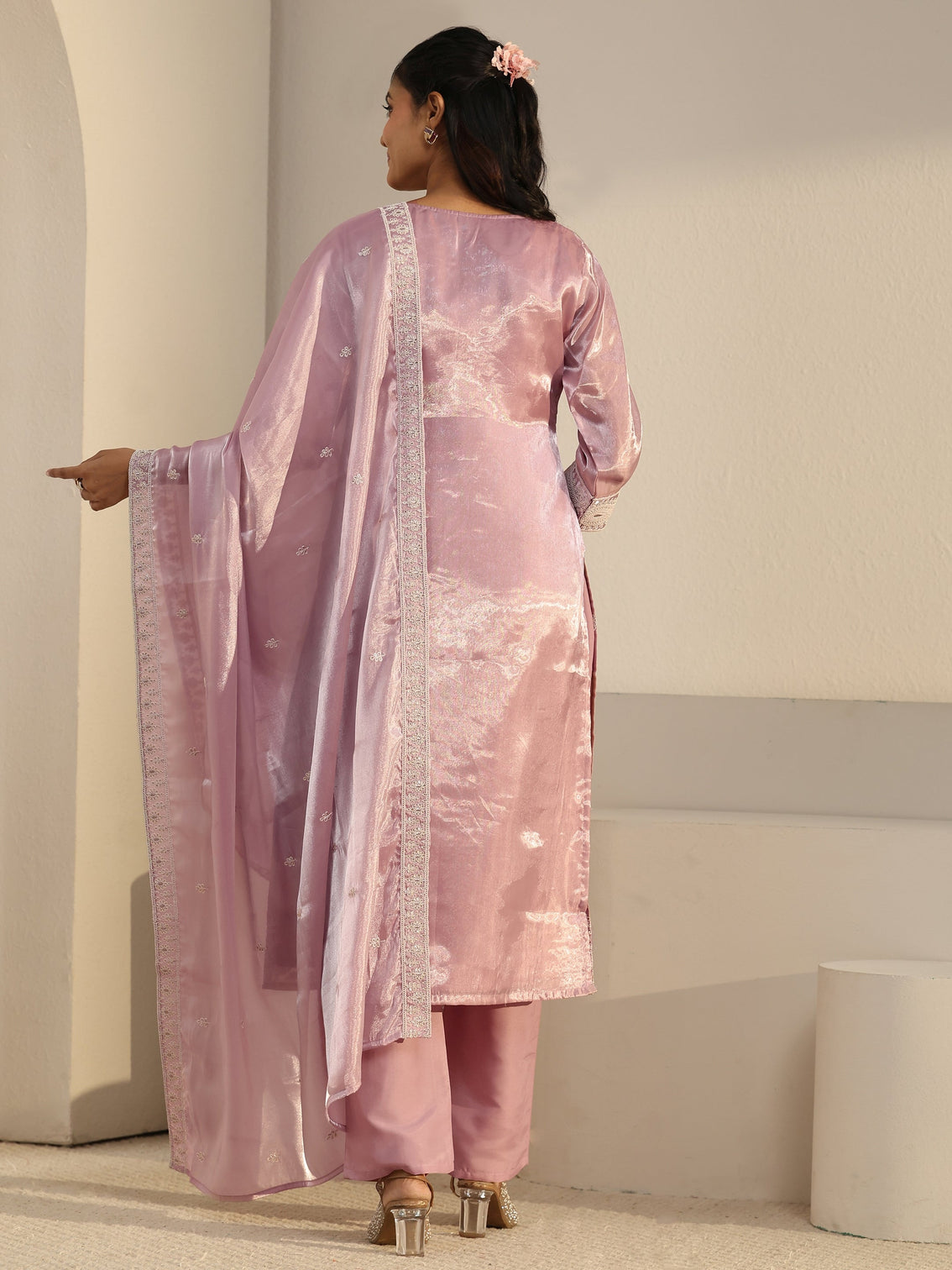 Mameraa Pink Paisley Embroidered Tissue Straight Suit Set